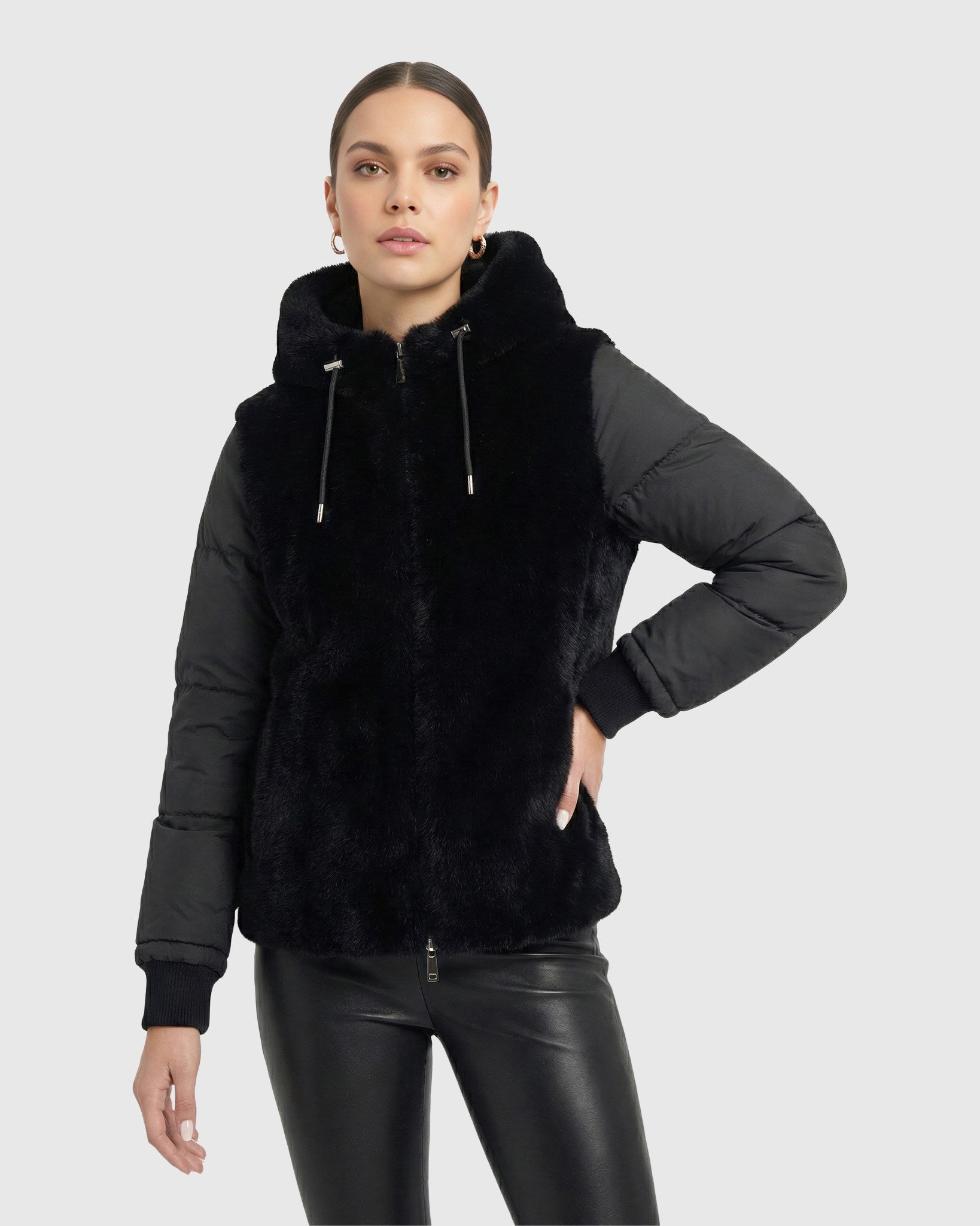 FUR-FREE MINK (FAUX FUR) HOODED QUILTED JACKET