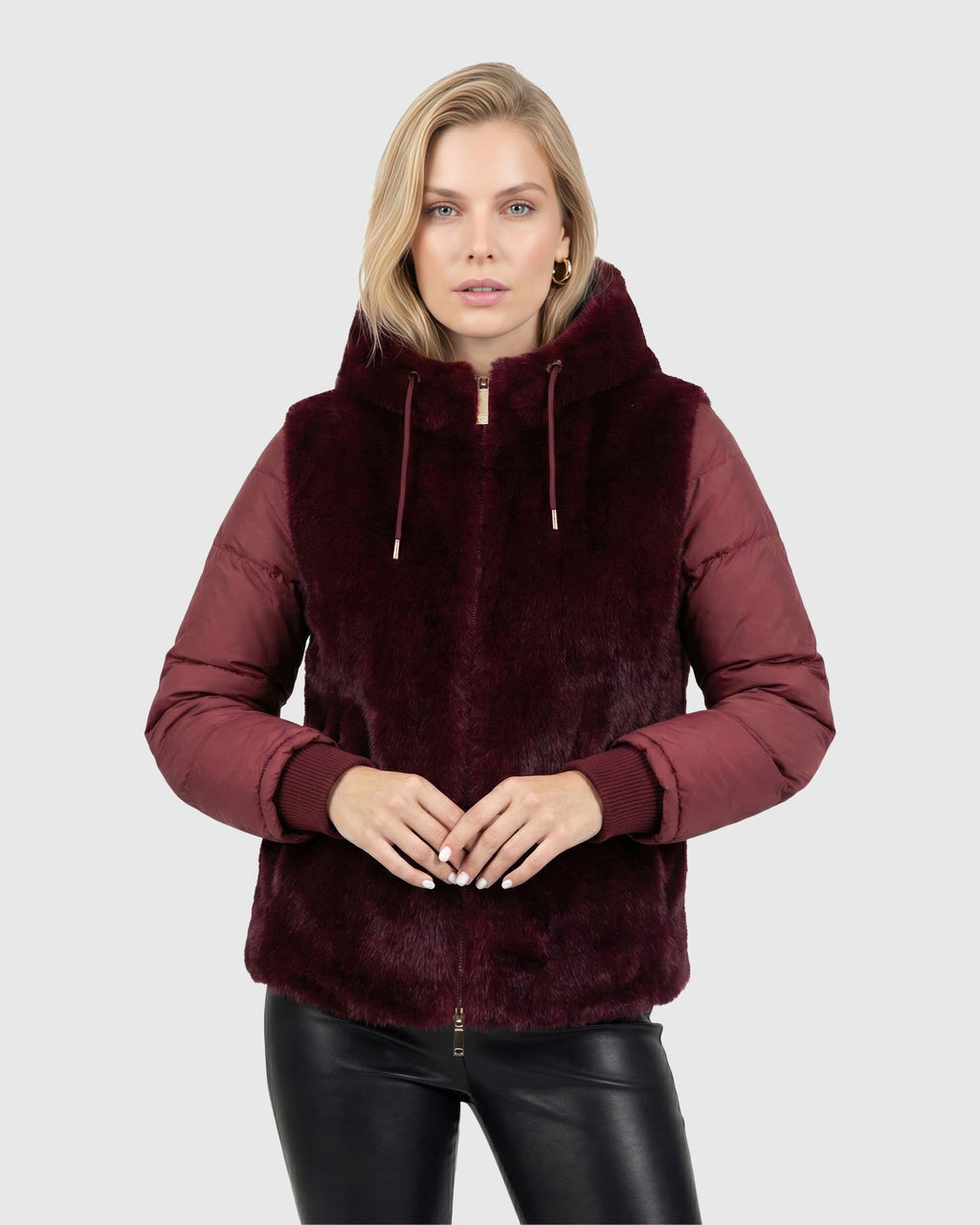 FUR-FREE MINK (FAUX FUR) HOODED QUILTED JACKET