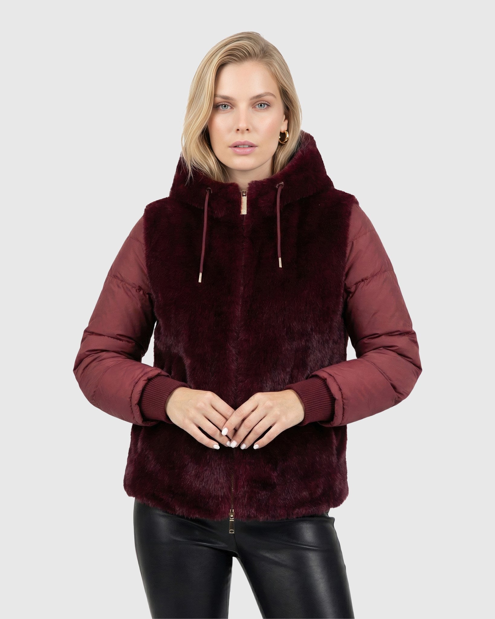 FUR-FREE MINK (FAUX FUR) HOODED QUILTED JACKET