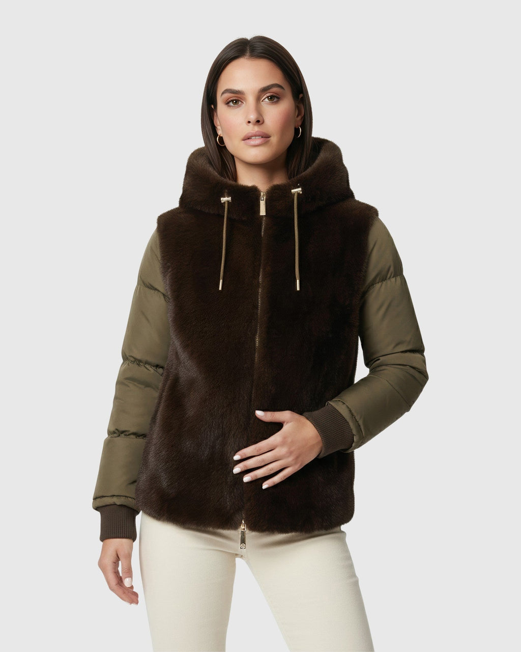 FUR-FREE MINK (FAUX FUR) QUILTED JACKET, HOOD - ARMY GREEN/ARMY GREEN