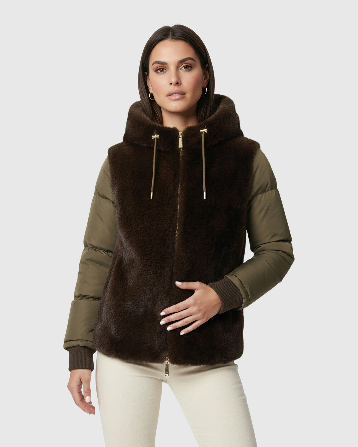 FUR-FREE MINK (FAUX FUR) QUILTED JACKET, HOOD - ARMY GREEN/ARMY GREEN