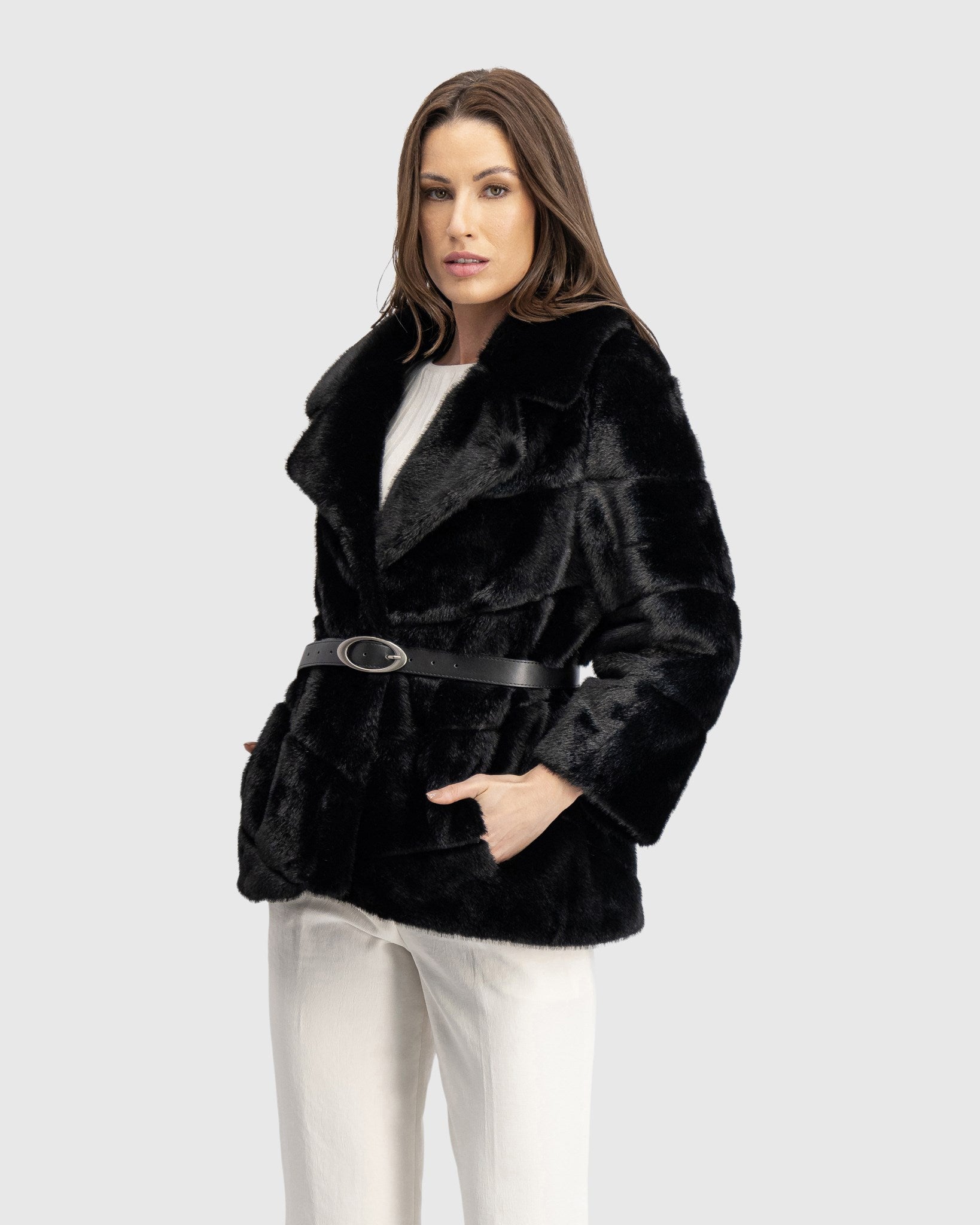 FUR-FREE MINK (FAUX FUR) JACKET, BELT