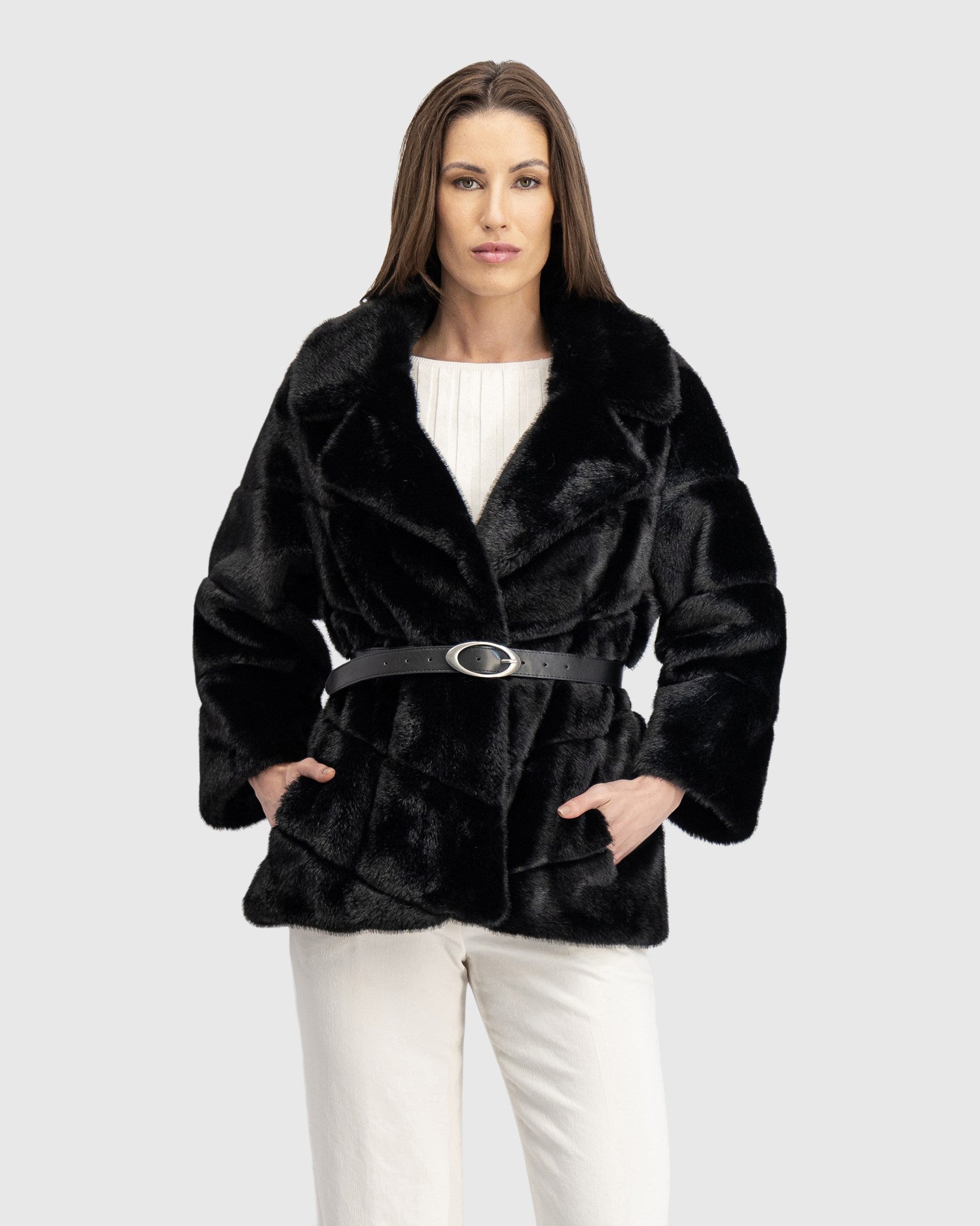FUR-FREE MINK (FAUX FUR) JACKET, BELT