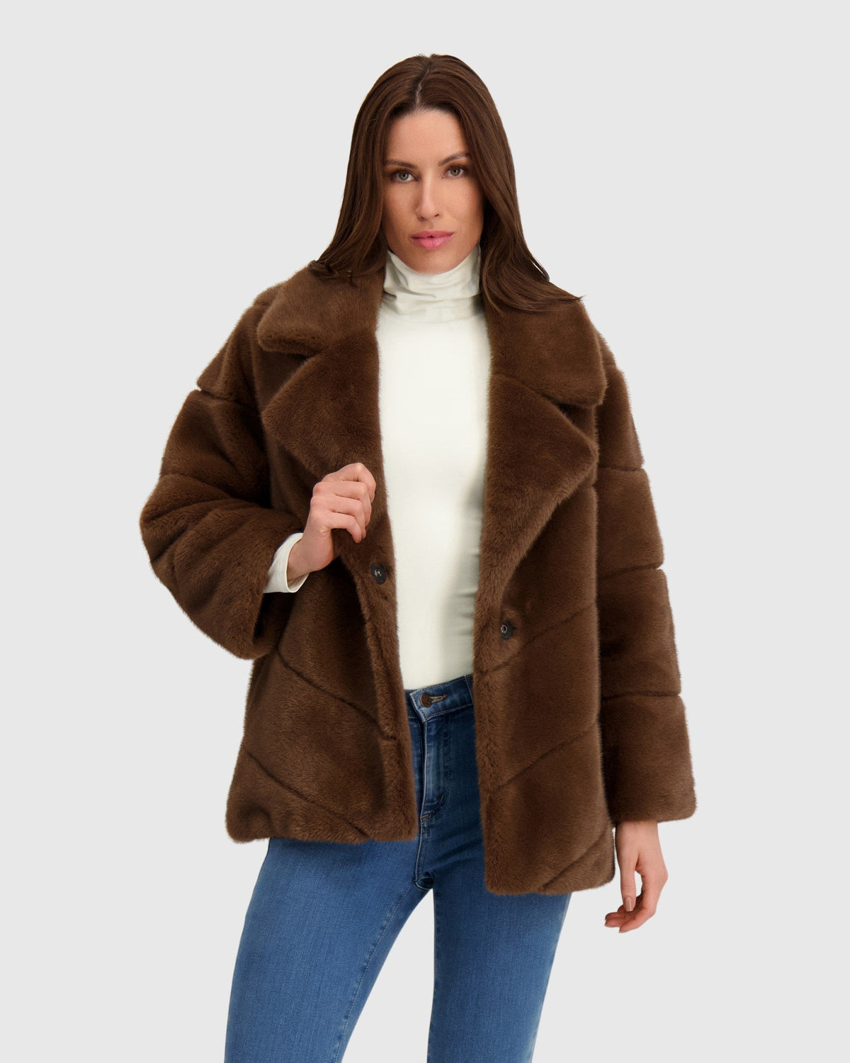 FUR-FREE MINK (FAUX FUR) JACKET, BELT - BROWN