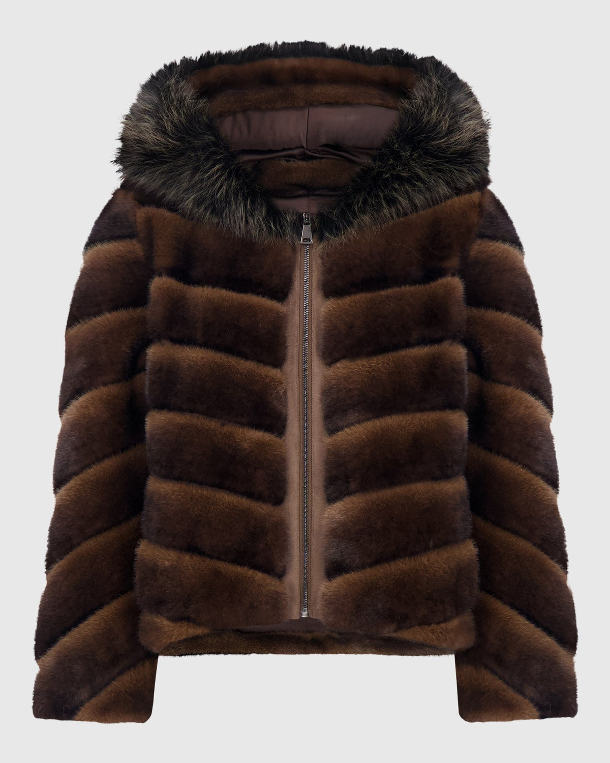 FUR-FREE MINK (PL) JACKET WITH FUR-FREE FOX (PL) HOOD TRIM - BROWN