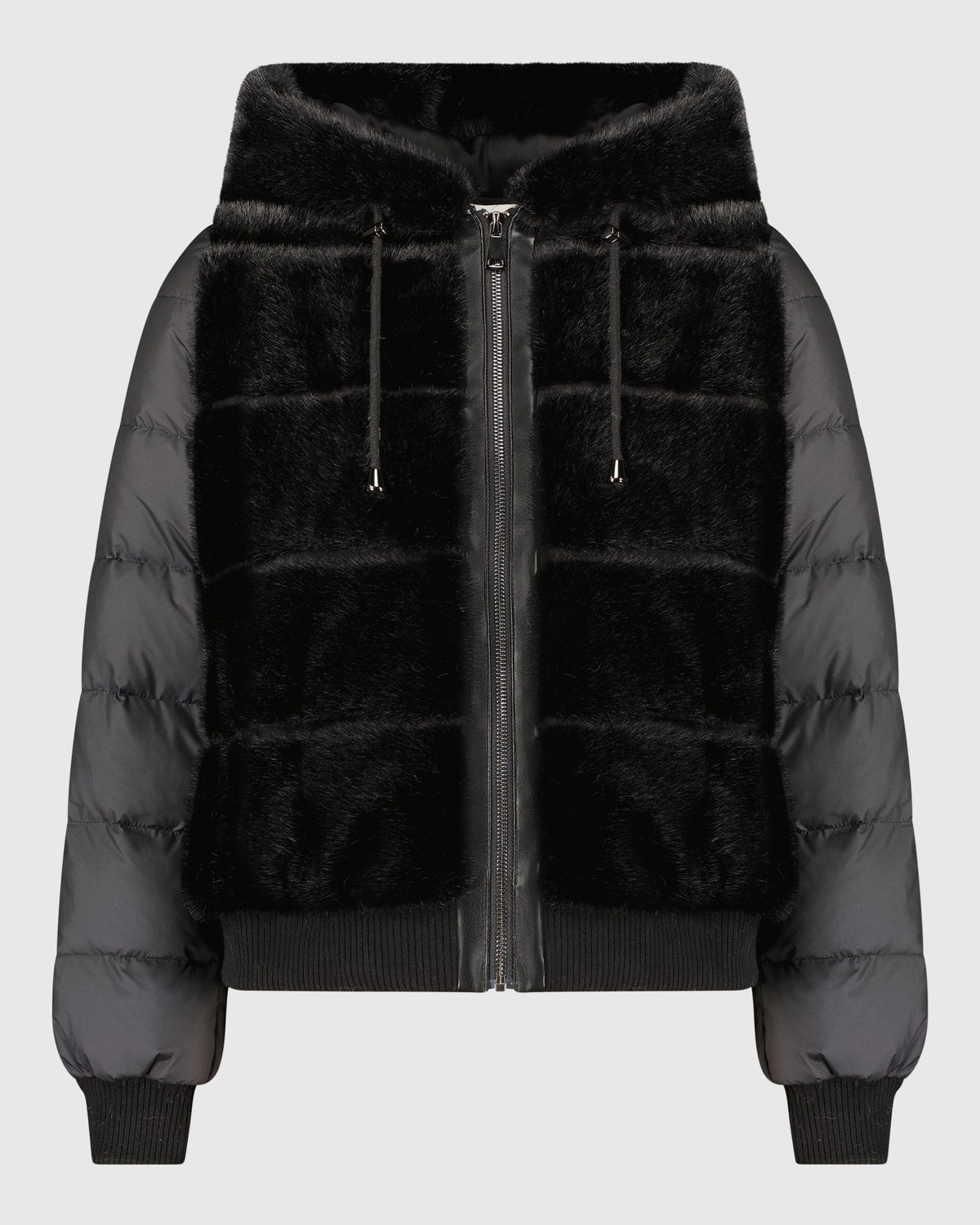 FUR-FREE MINK (FAUX FUR) JACKET WITH HOOD - BLACK/BLACK