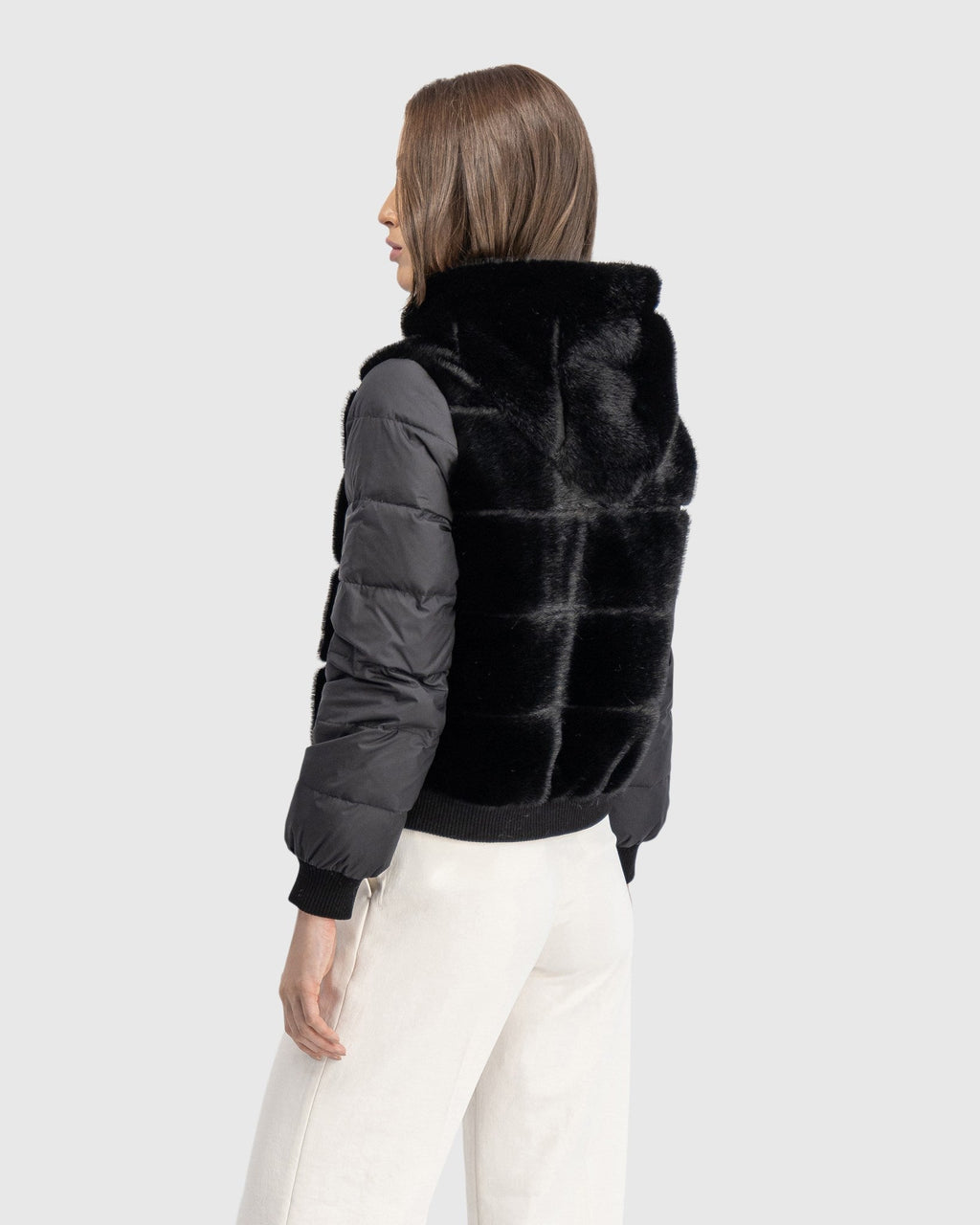 FUR-FREE MINK (FAUX FUR) JACKET WITH HOOD - BLACK/BLACK