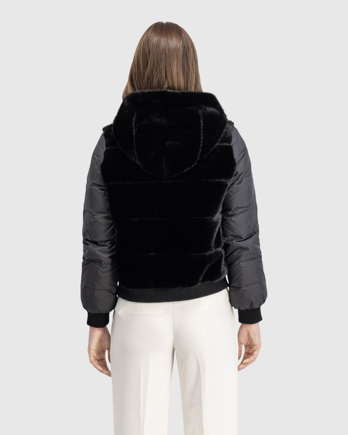 FUR-FREE MINK (FAUX FUR) JACKET WITH HOOD - BLACK/BLACK