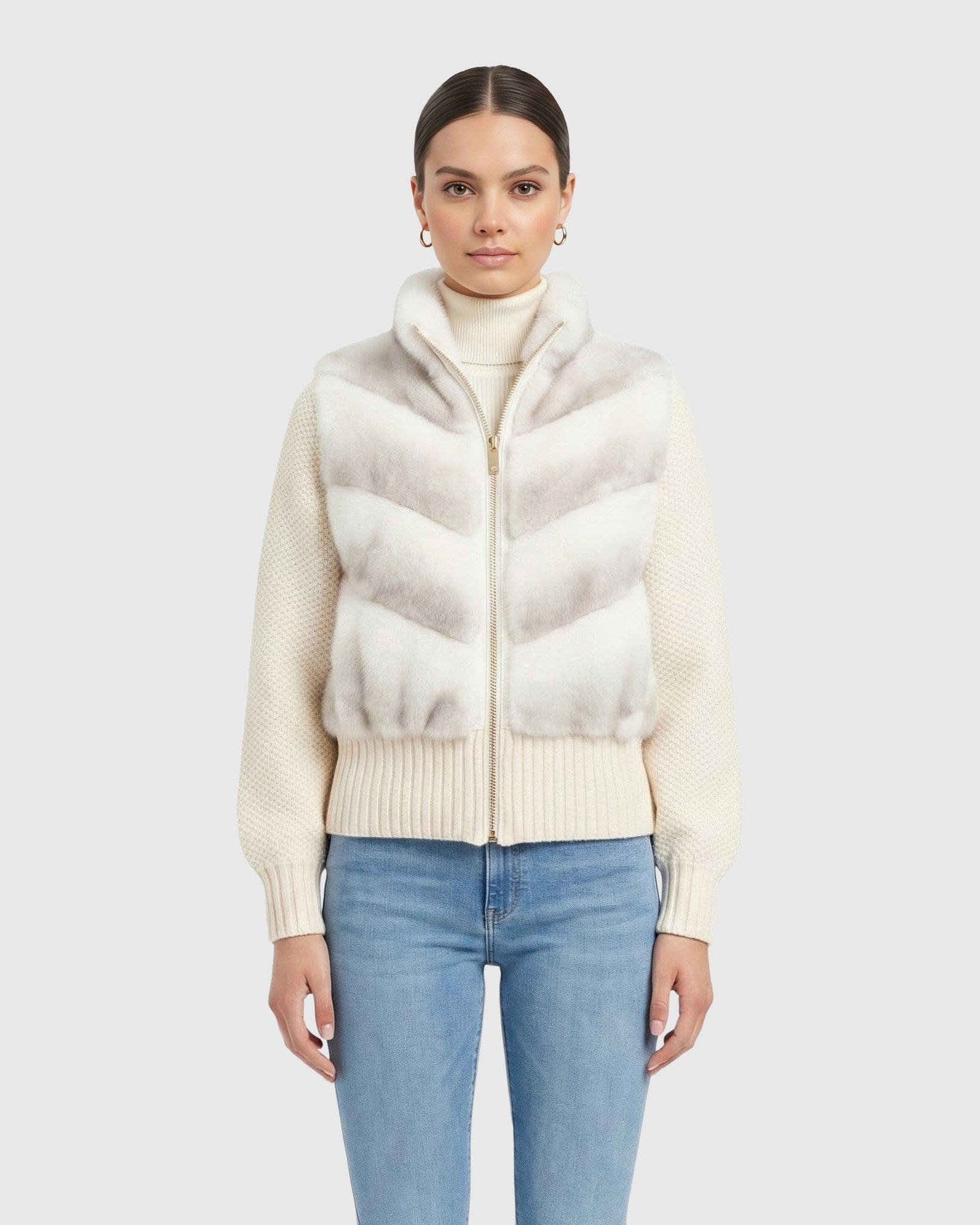FUR-FREE MINK (FAUX FUR) JACKET WITH KNIT WOOL SLEEVES
