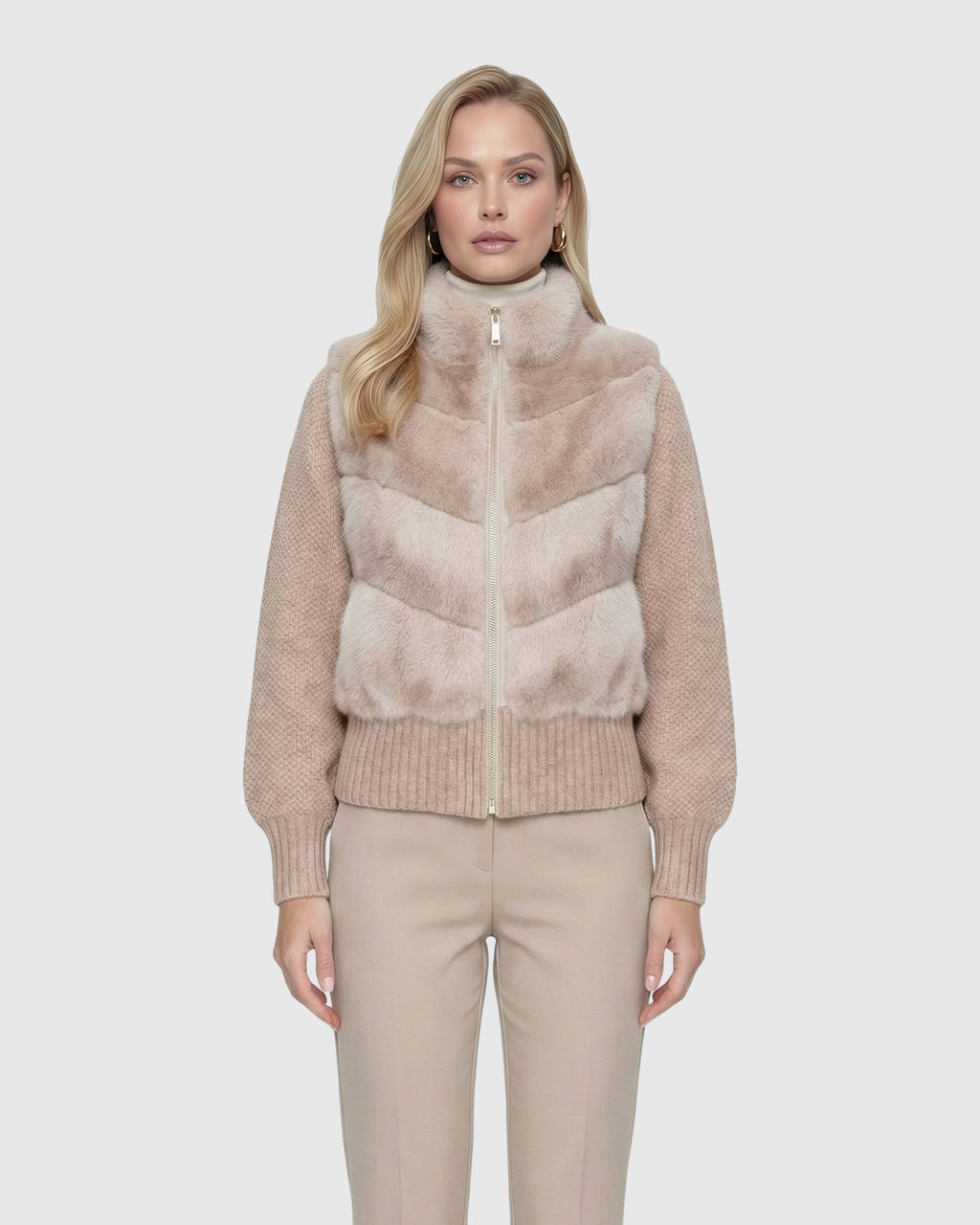 FUR-FREE MINK (FAUX FUR) JACKET WITH KNIT WOOL SLEEVES