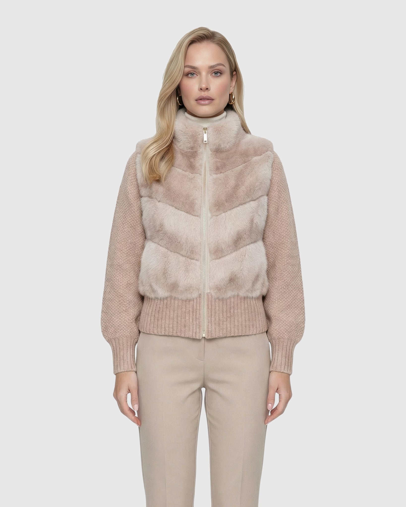 FUR-FREE MINK (FAUX FUR) JACKET WITH KNIT WOOL SLEEVES