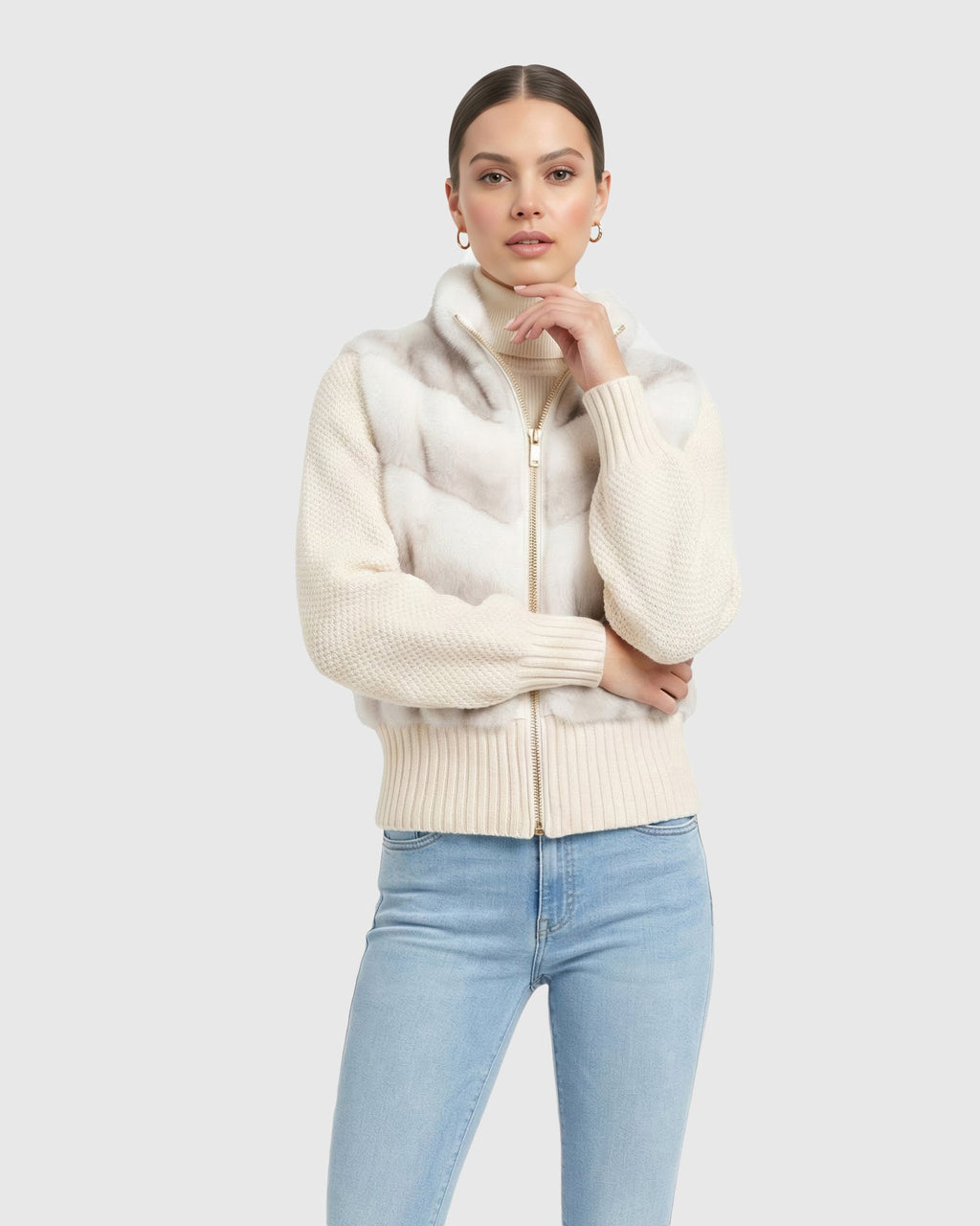 FUR-FREE MINK (FAUX FUR) JACKET WITH KNIT WOOL SLEEVES