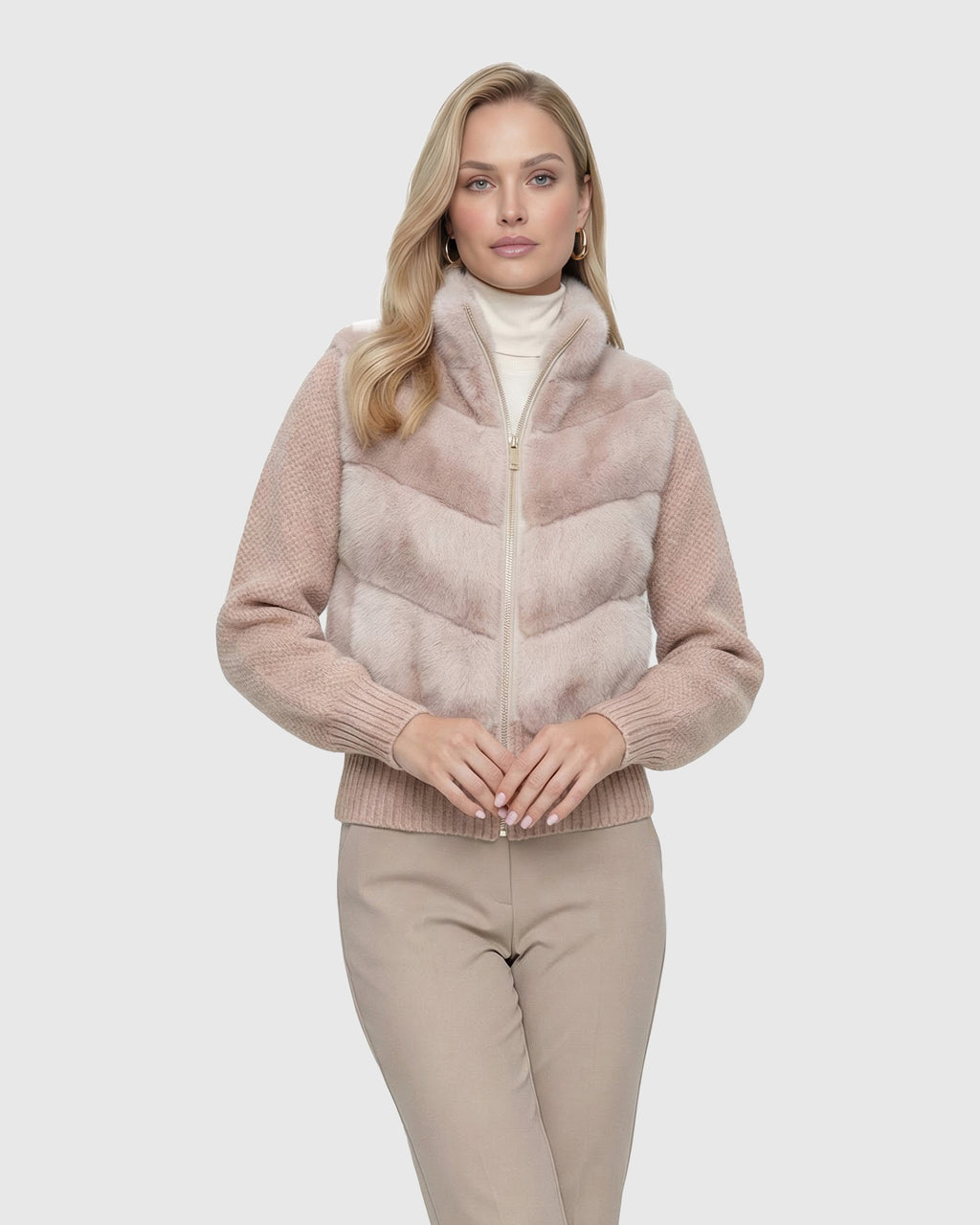 FUR-FREE MINK (FAUX FUR) JACKET WITH KNIT WOOL SLEEVES