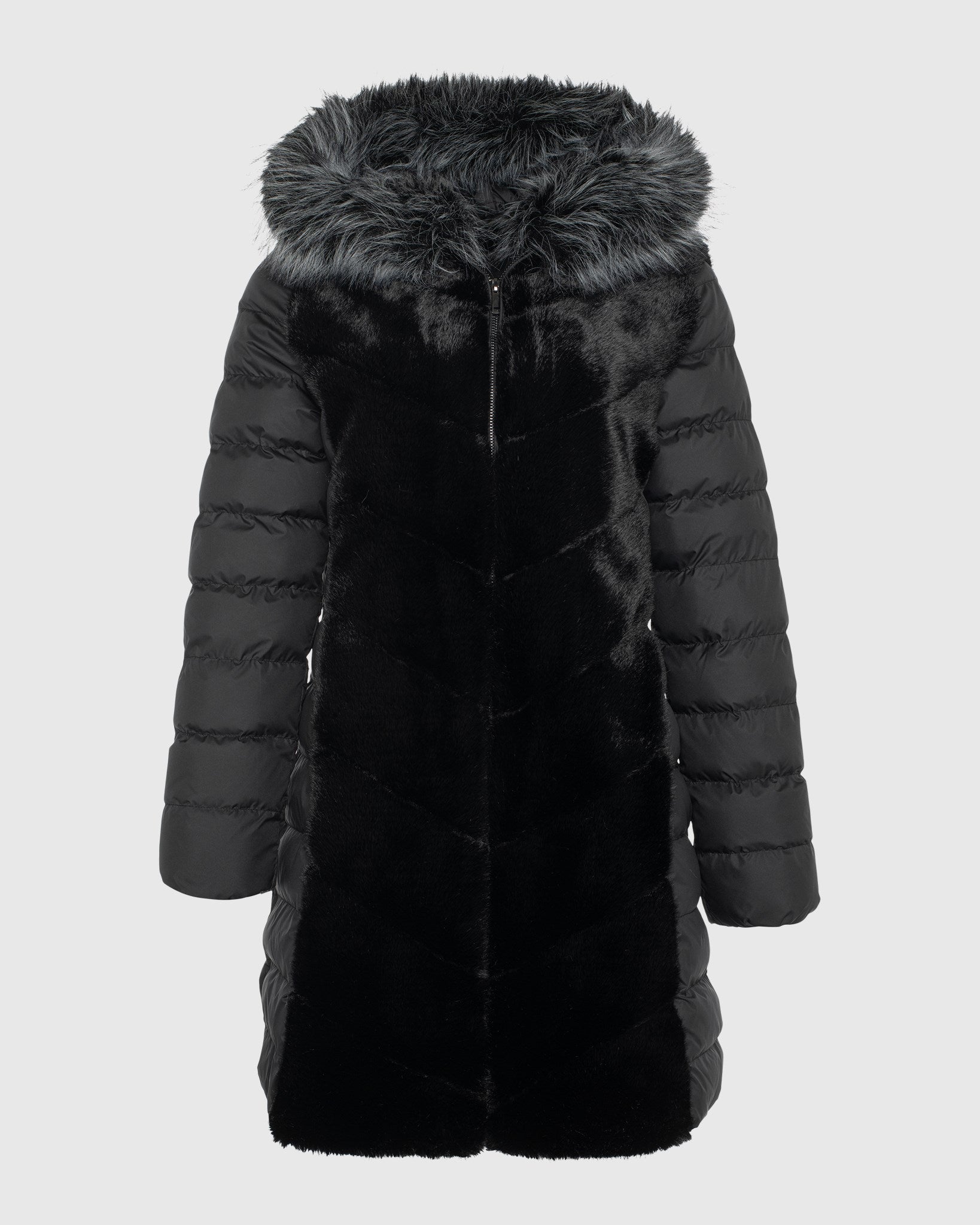 FUR-FREE MINK (FAUX FUR) QUILTED PARKA WITH FUR-FREE FOX (FAUX FUR) HOOD TRIM