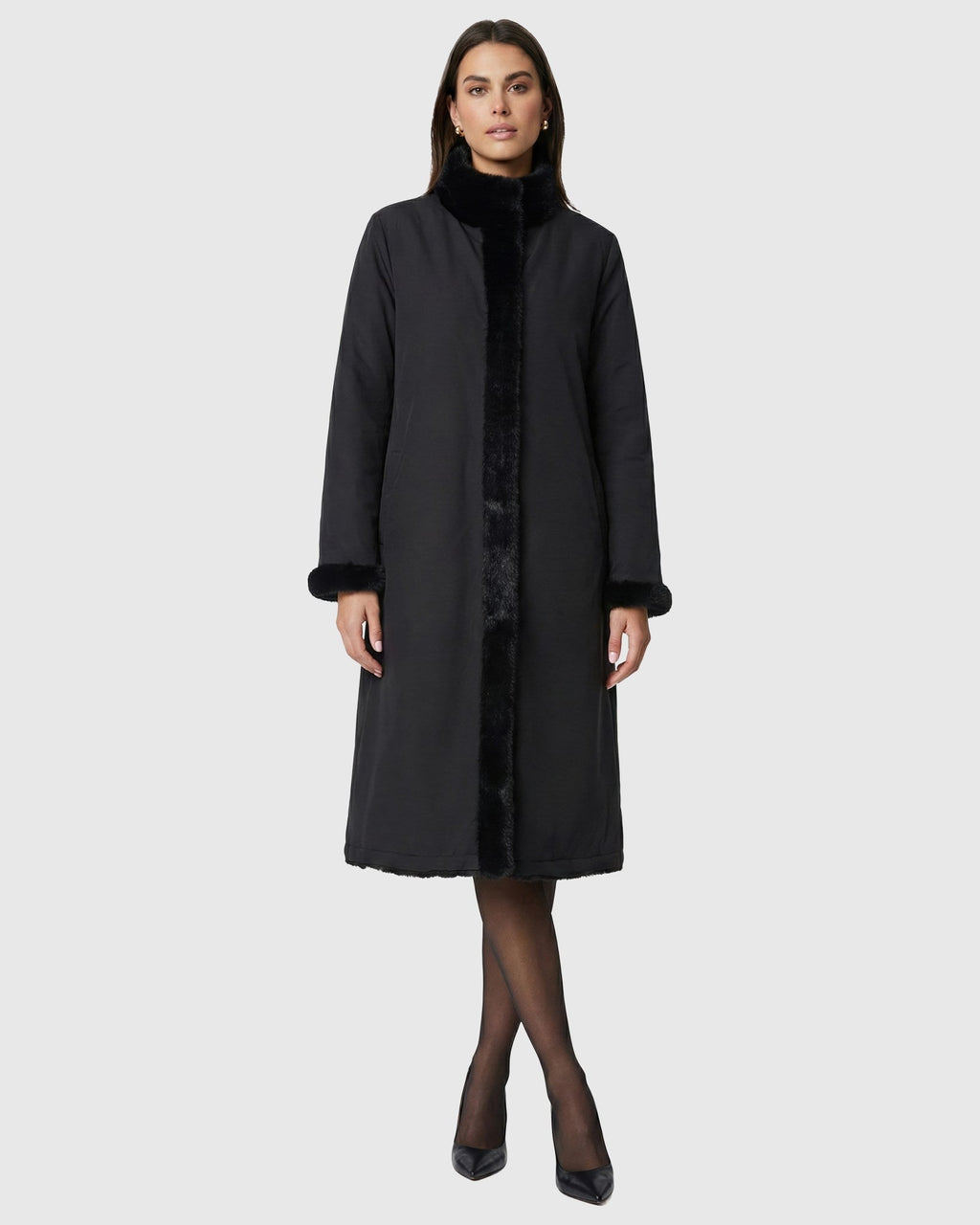 FUR-FREE MINK (FAUX FUR) REVERSIBLE COAT - BLACK/BLACK