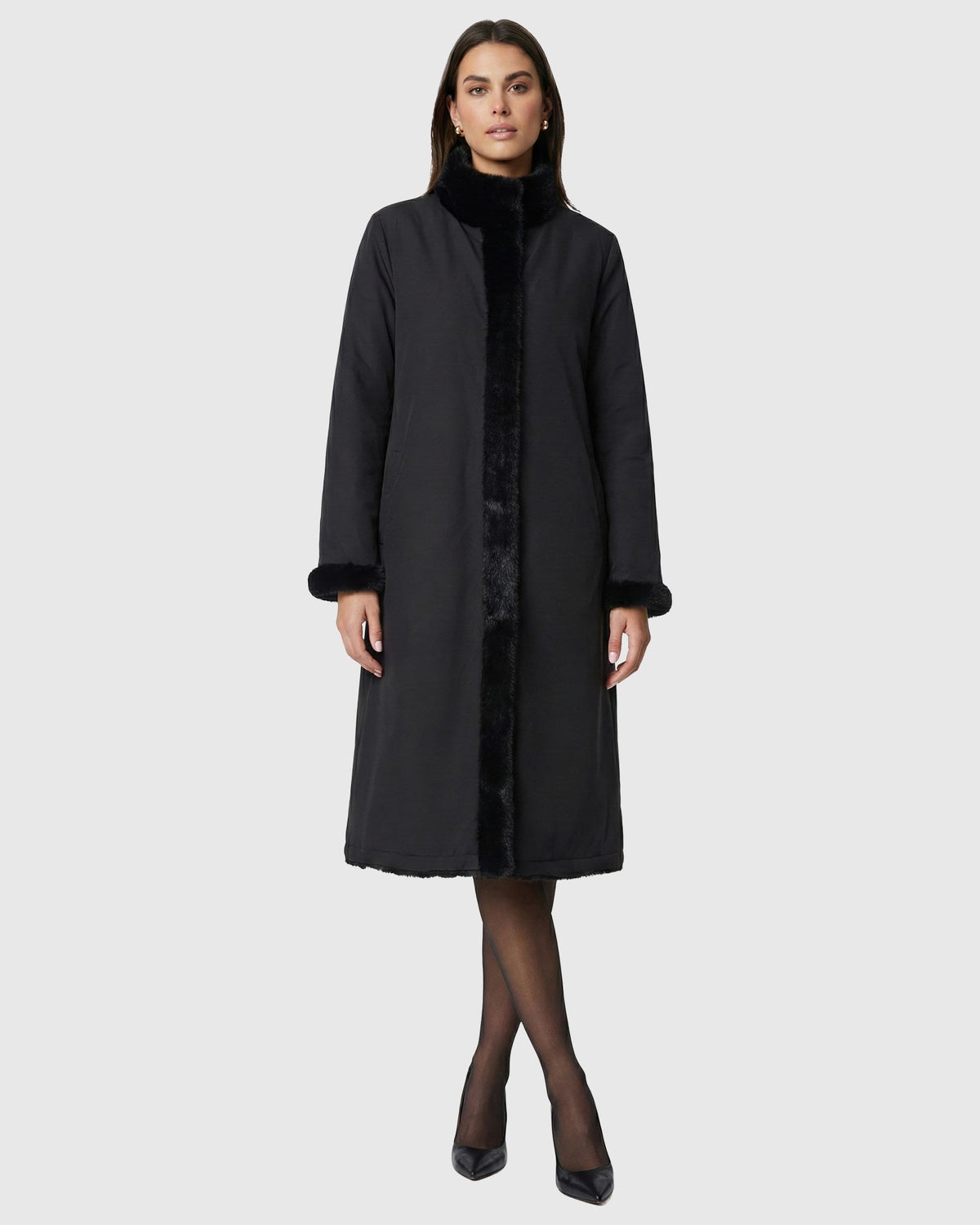 FUR-FREE MINK (FAUX FUR) REVERSIBLE COAT - BLACK/BLACK