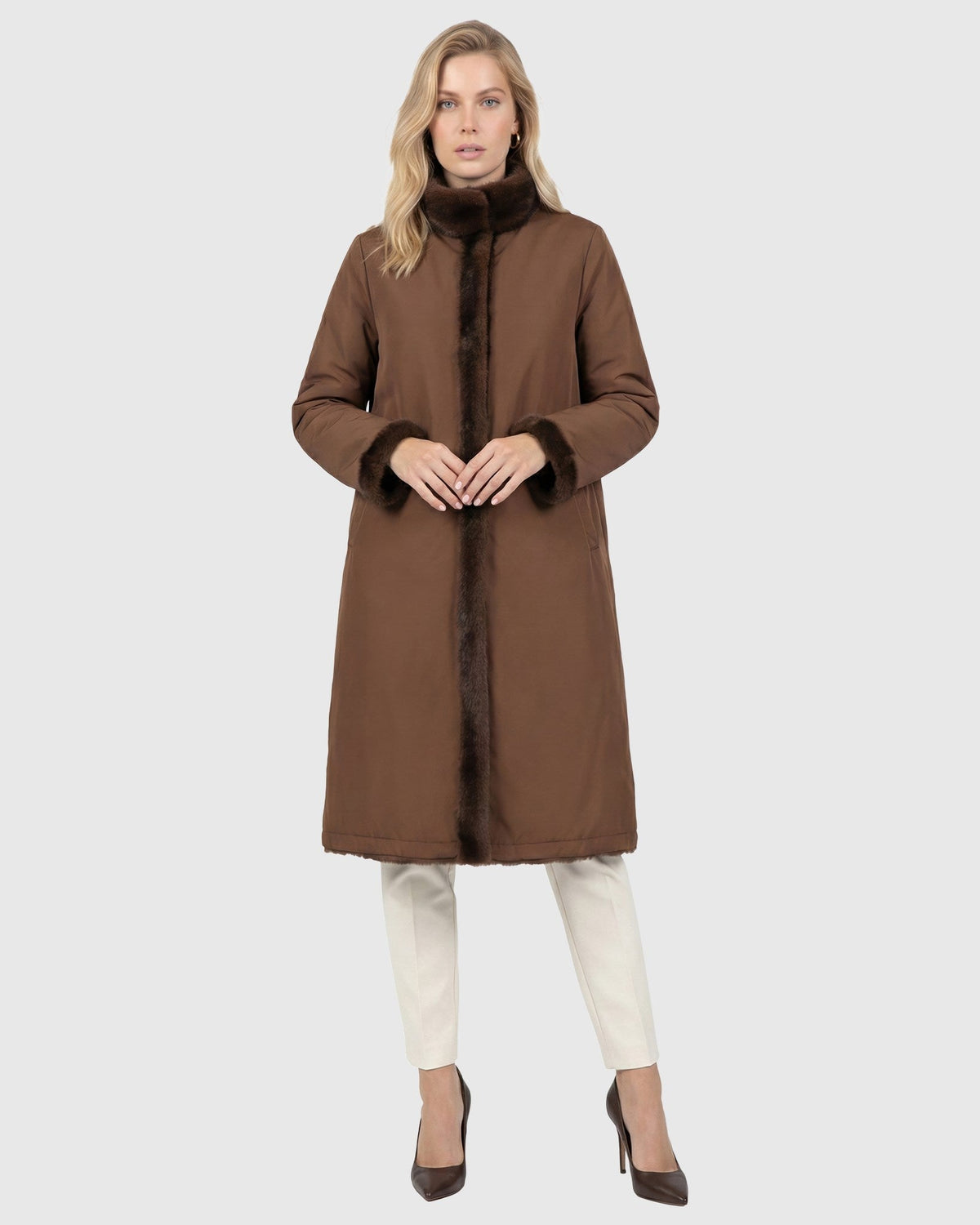 FUR-FREE MINK (FAUX FUR) REVERSIBLE COAT - DARK BROWN/BROWN