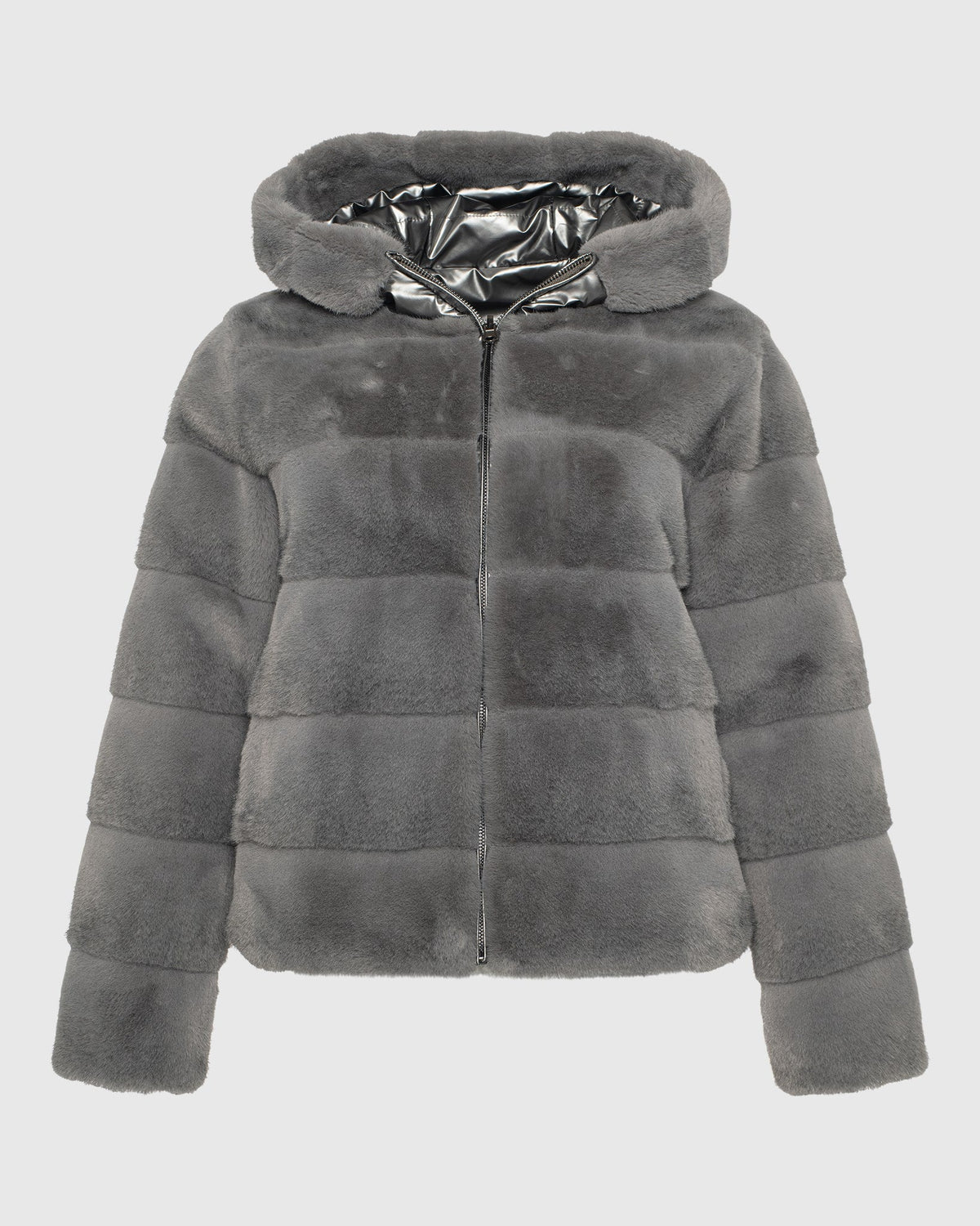 FUR-FREE MINK (FAUX FUR) REVERSIBLE PARKA - GRAY/GRAY METALLIC