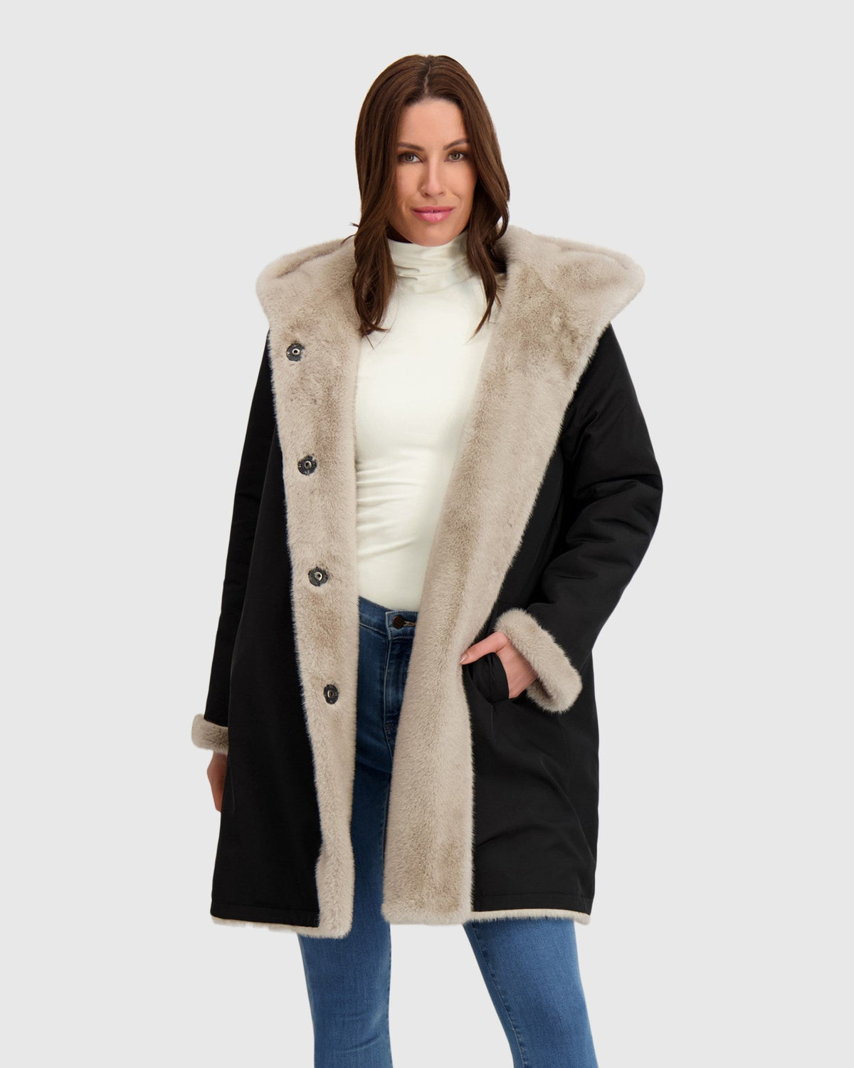 FUR-FREE MINK (FAUX FUR) REVERSIBLE PARKA - SILVER BLUE/BLACK