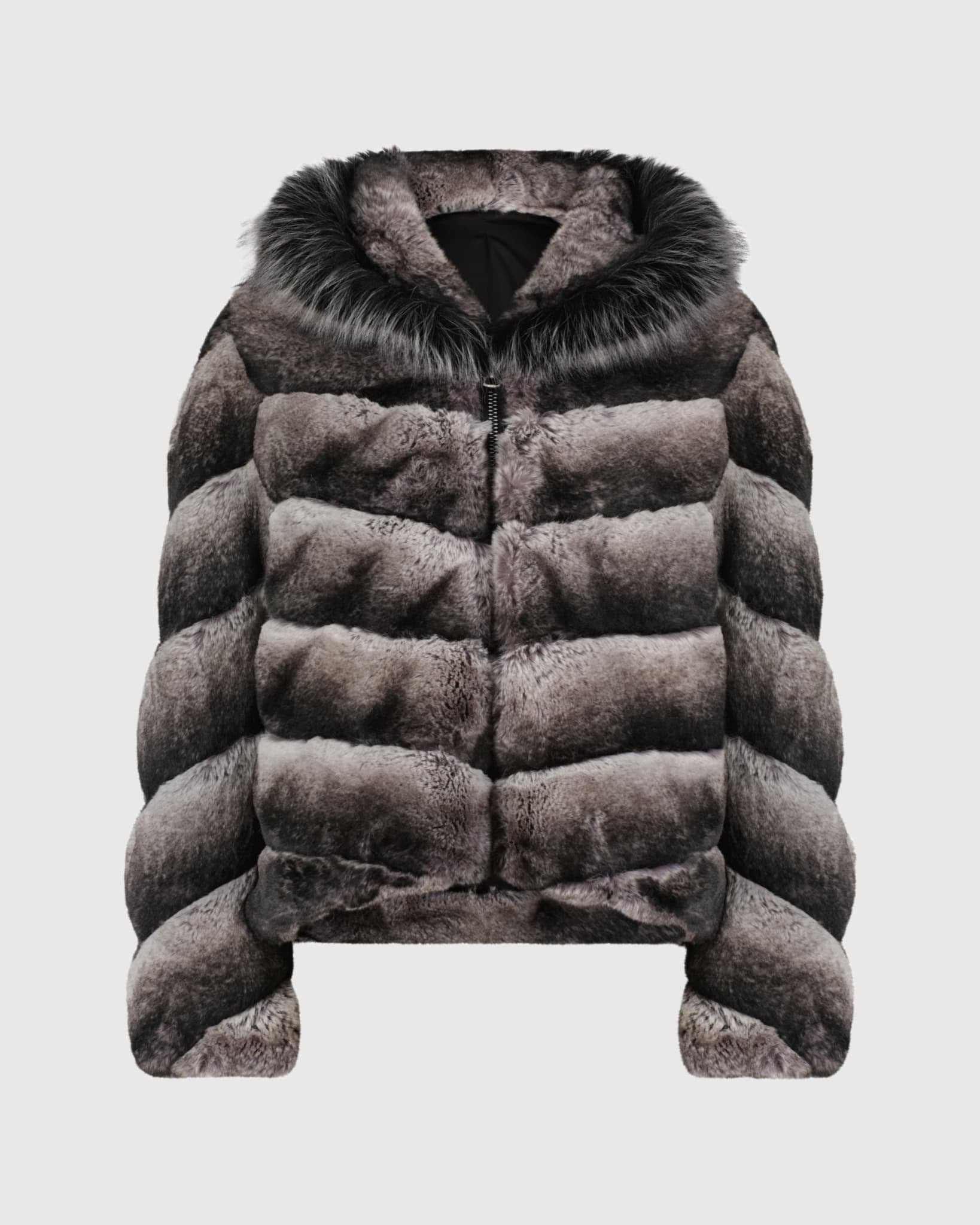 FUR-FREE REX RABBIT (FAUX FUR) JACKET WITH FUR-FREE SILVER FOX (FAUX FUR) HOOD TRIM