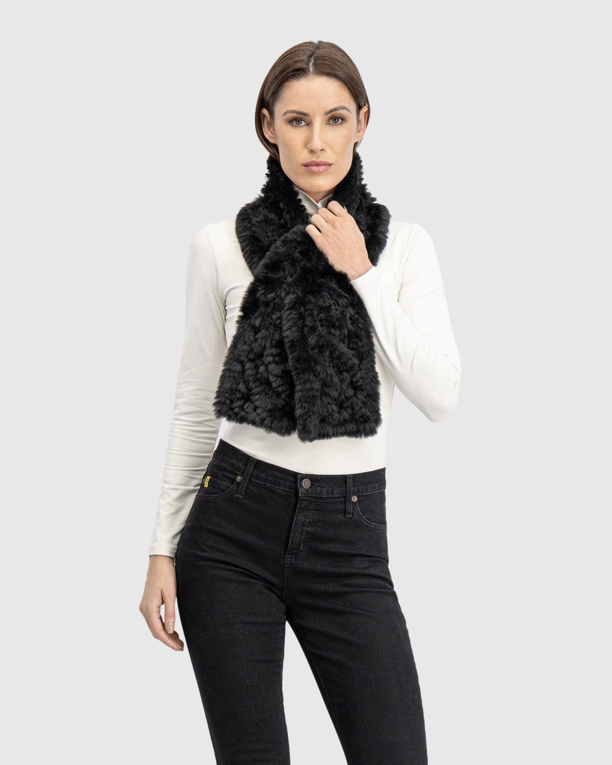 FUR-FREE REX RABBIT (FAUX FUR) KNIT PULL THROUGH SCARF - BLACK