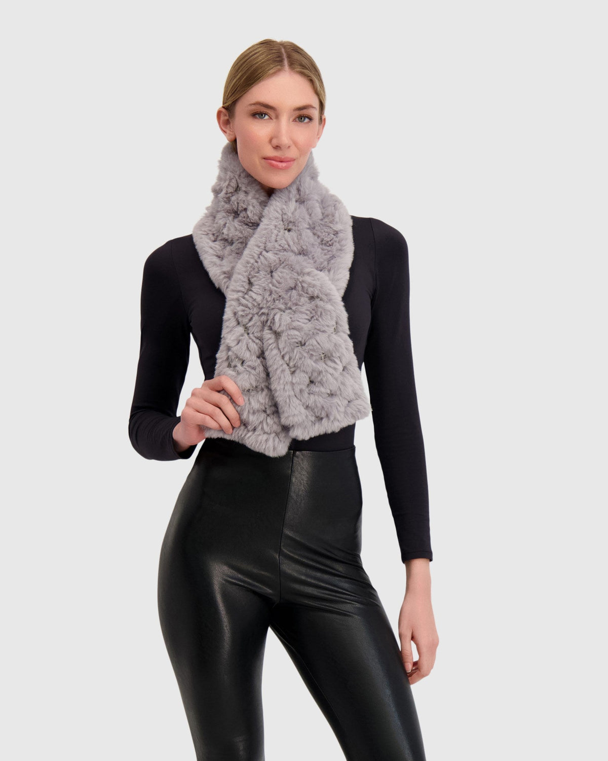 FUR-FREE REX RABBIT (FAUX FUR) KNIT PULL THROUGH SCARF - LIGHT GRAY