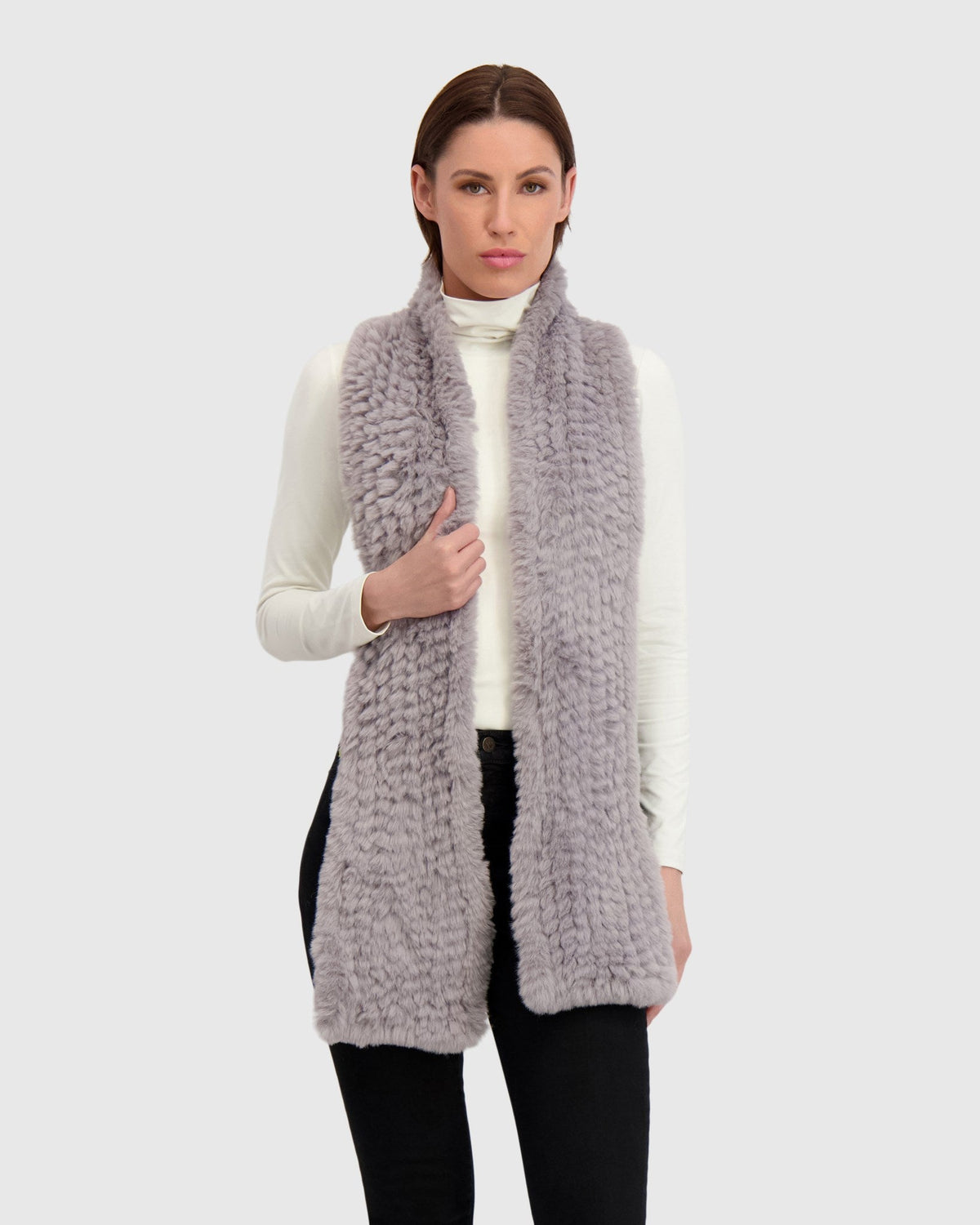 FUR-FREE REX RABBIT (FAUX FUR) KNIT SCARF - LIGHT GRAY
