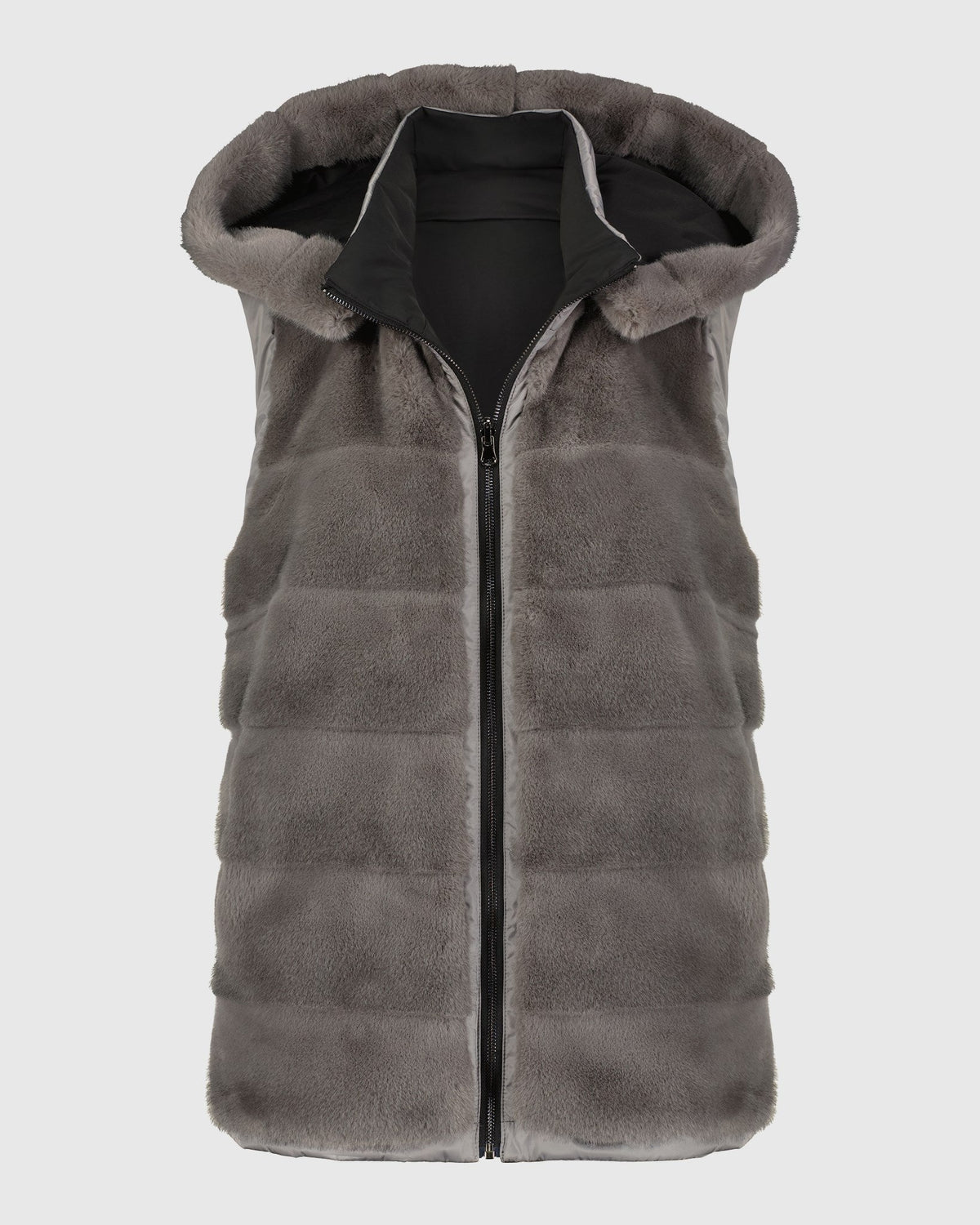 FUR-FREE REX RABBIT (PL) REVERSIBLE HOODED VEST - GRAY/BLACK