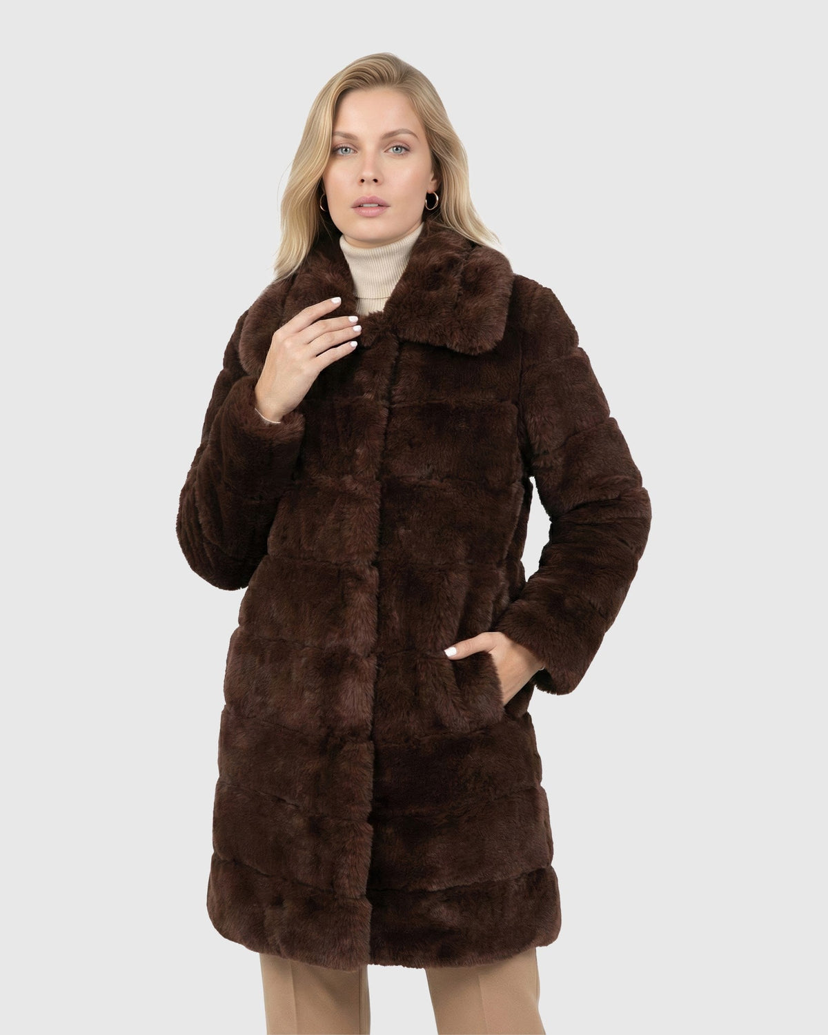 FUR-FREE REX RABBIT (FAUX FUR) SHORT COAT - DARK BROWN