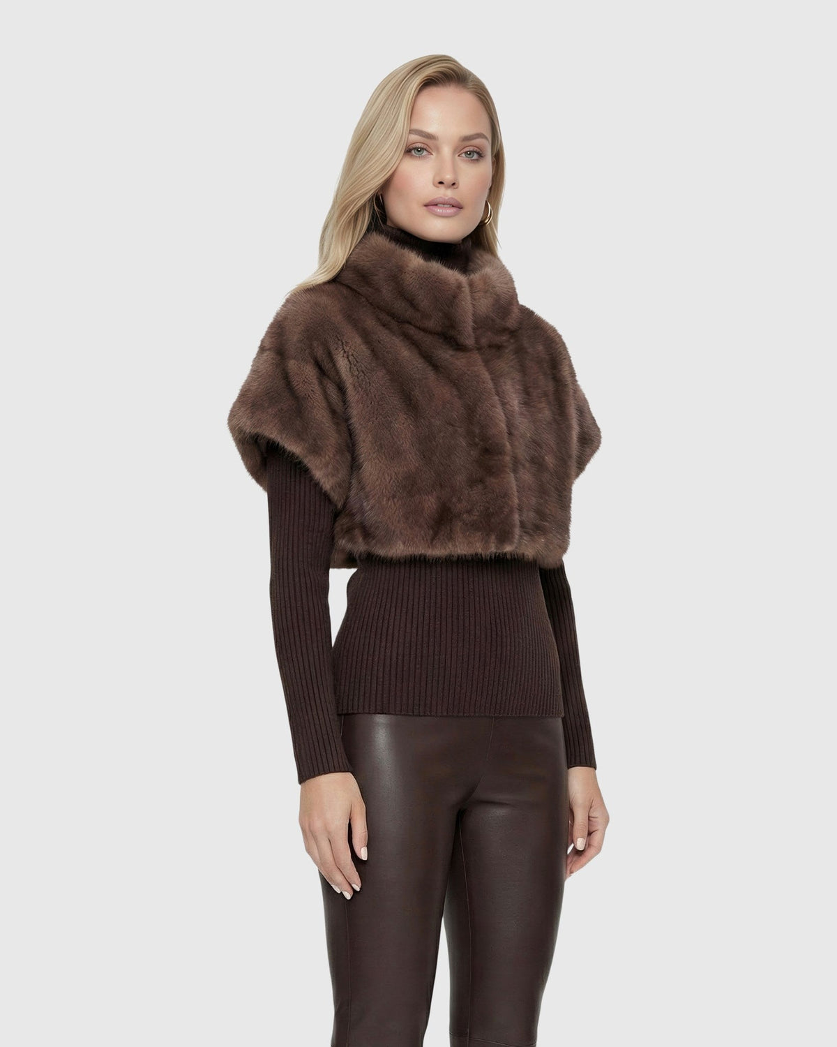 FUR-FREE SABLE (FAUX FUR) BOLERO, SHORT SLEEVES - BROWN
