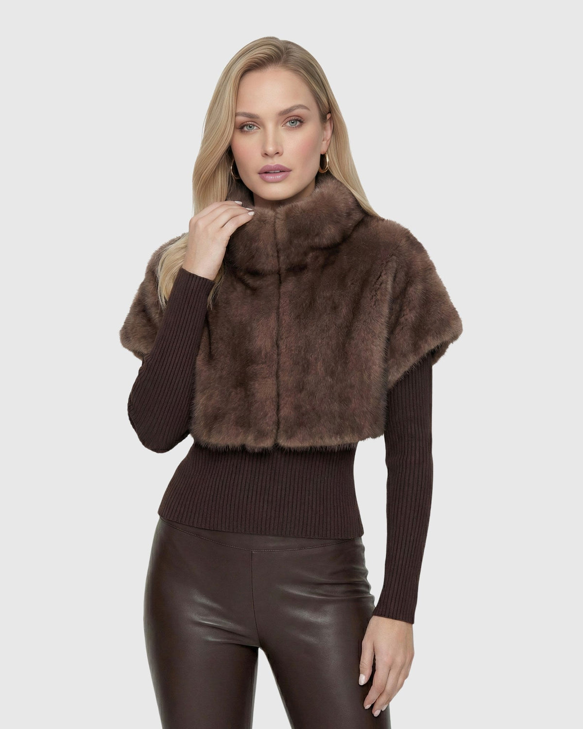 FUR-FREE SABLE (FAUX FUR) BOLERO, SHORT SLEEVES - BROWN