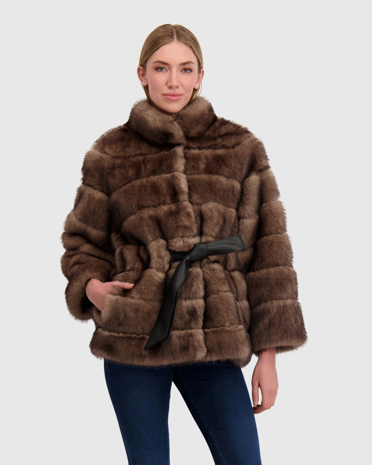 FUR-FREE SABLE (FAUX FUR) JACKET, BELT - BROWN