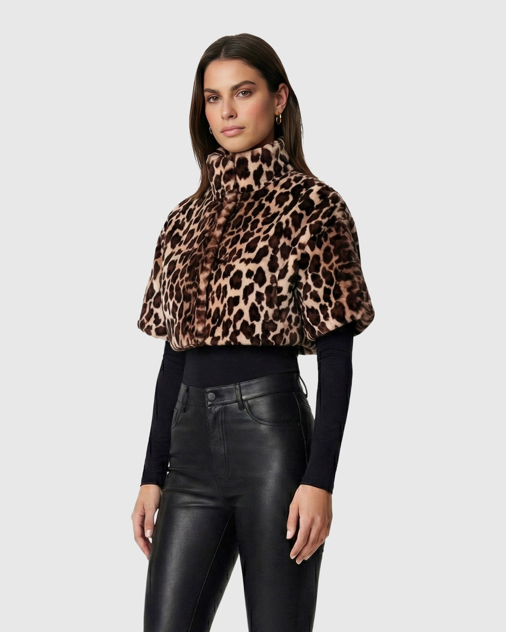 FUR-FREE SHEARED MINK (FAUX FUR) BOLERO, SHORT SLEEVES - BROWN LPRD