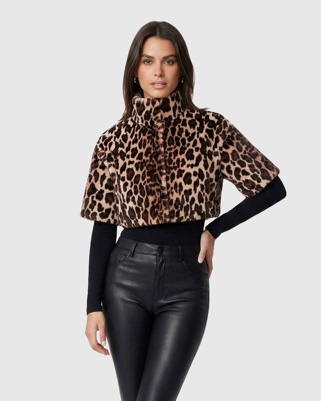 FUR-FREE SHEARED MINK (FAUX FUR) BOLERO, SHORT SLEEVES - BROWN LPRD