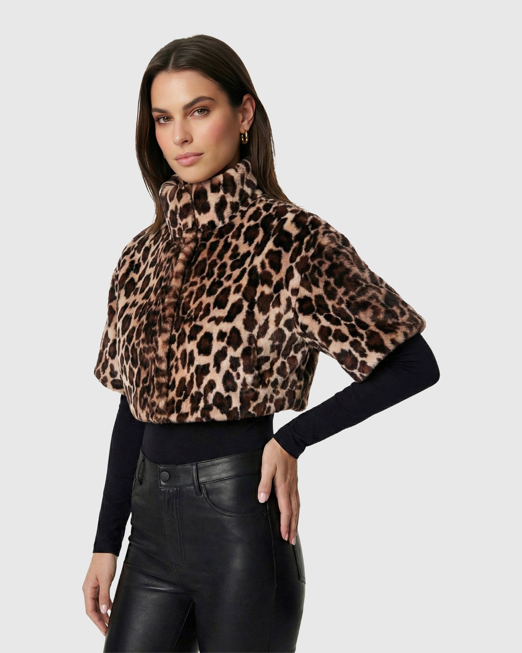 FUR-FREE SHEARED MINK (FAUX FUR) BOLERO, SHORT SLEEVES - BROWN LPRD