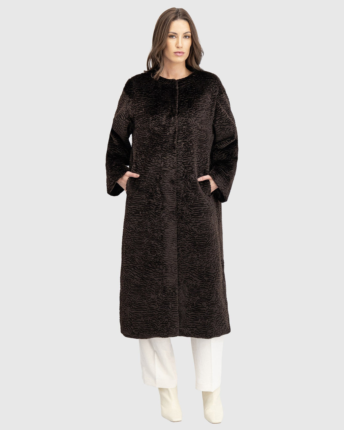FUR-FREE SHEARLING LAMB (FAUX FUR) COAT - DARK BROWN