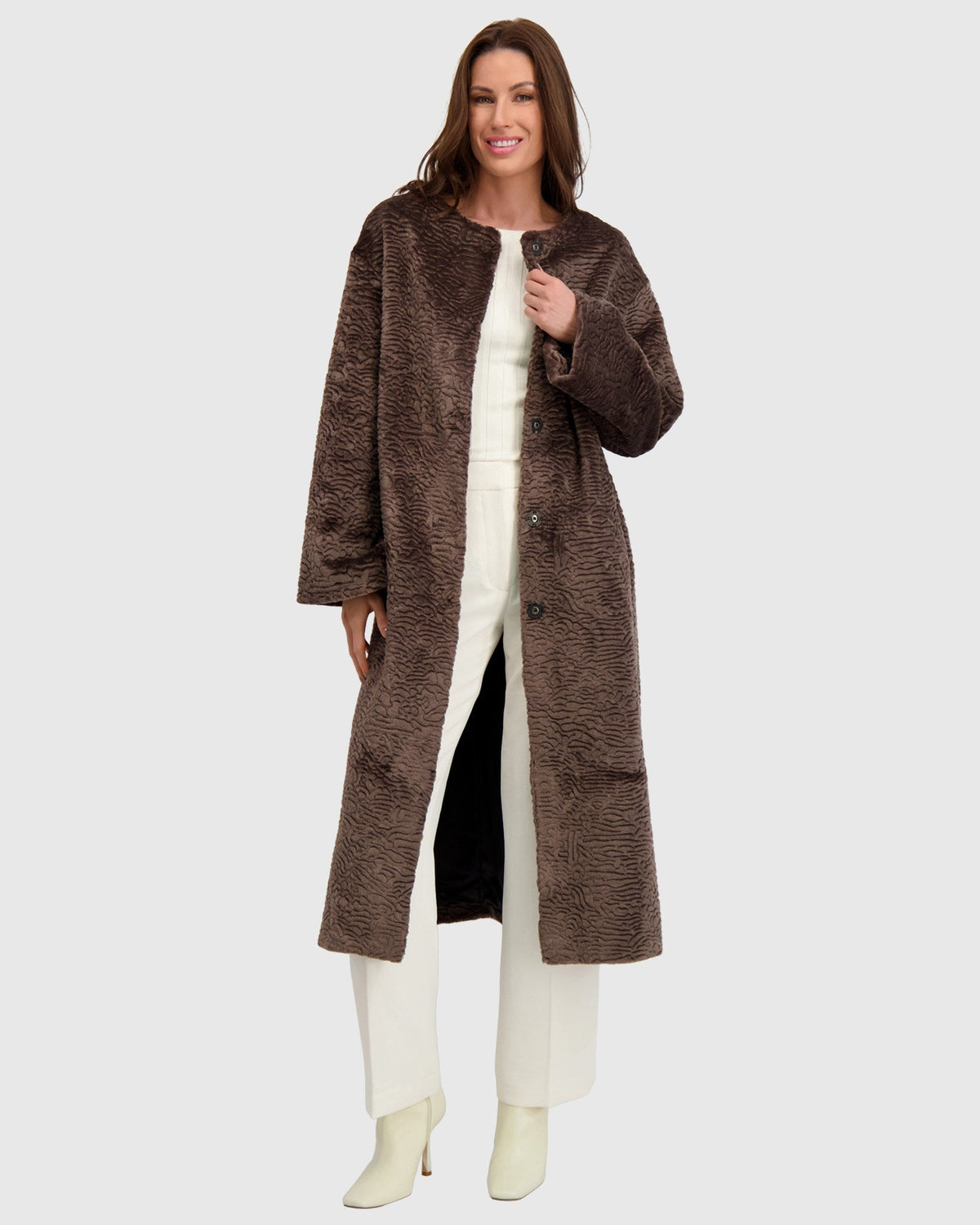 FUR-FREE SHEARLING LAMB (FAUX FUR) COAT - MOCHA