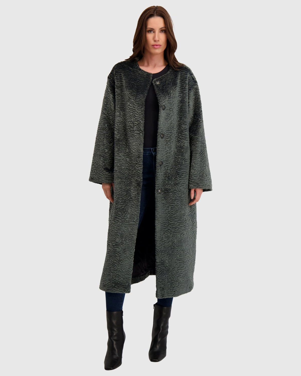 FUR-FREE SHEARLING LAMB (FAUX FUR) COAT - DARK GREEN