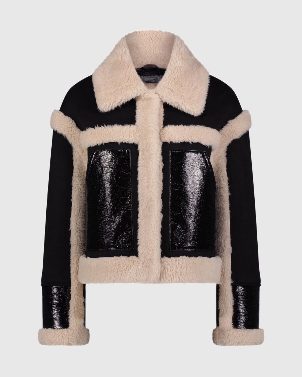 JACKET WITH FUR-FREE SHEARLING (FAUX FUR) TRIM - BLACK/BEIGE