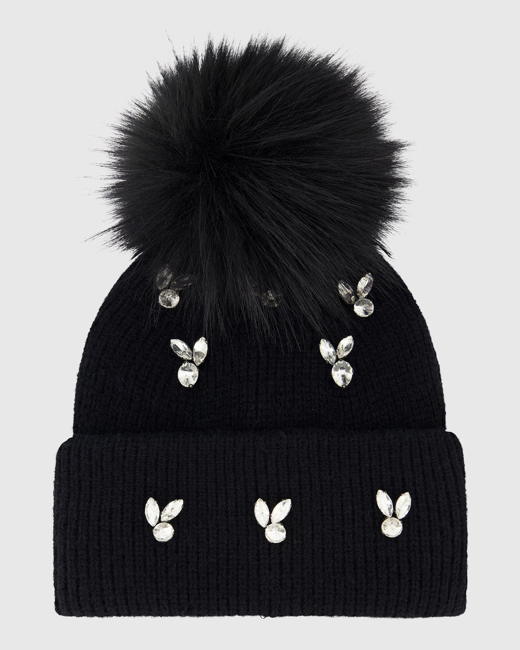 KNIT BEANIE HAT WITH FUR-FREE FOX (FAUX FUR) POMPOM - BLACK/BLACK