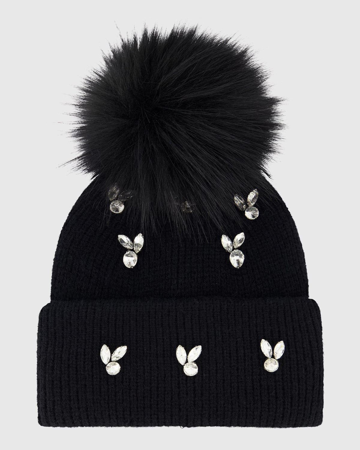 KNIT BEANIE HAT WITH FUR-FREE FOX (FAUX FUR) POMPOM - BLACK/BLACK