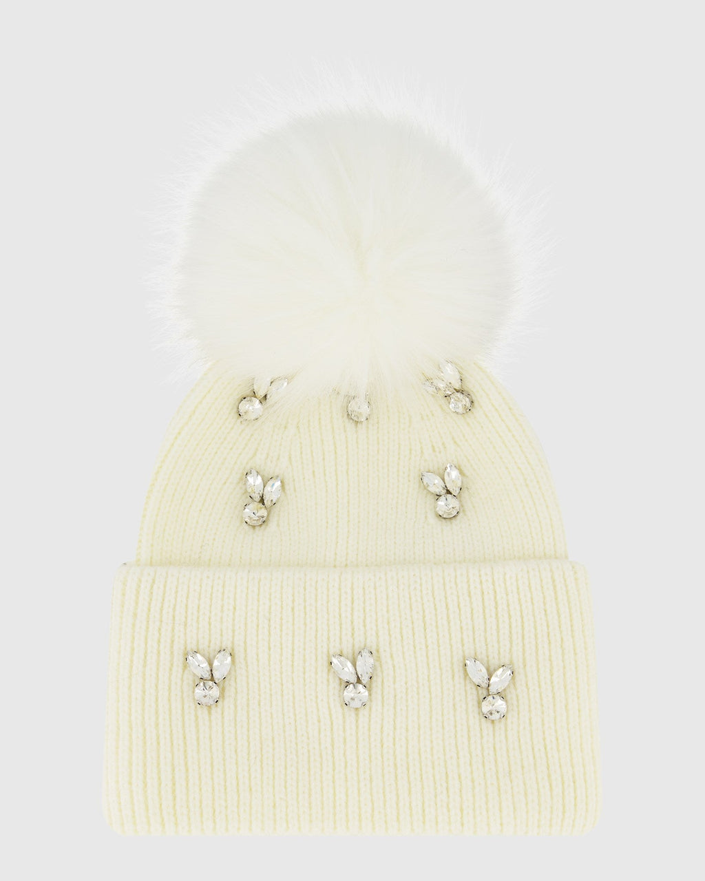 KNIT BEANIE HAT WITH FUR-FREE FOX (FAUX FUR) POMPOM - WHITE/WHITE