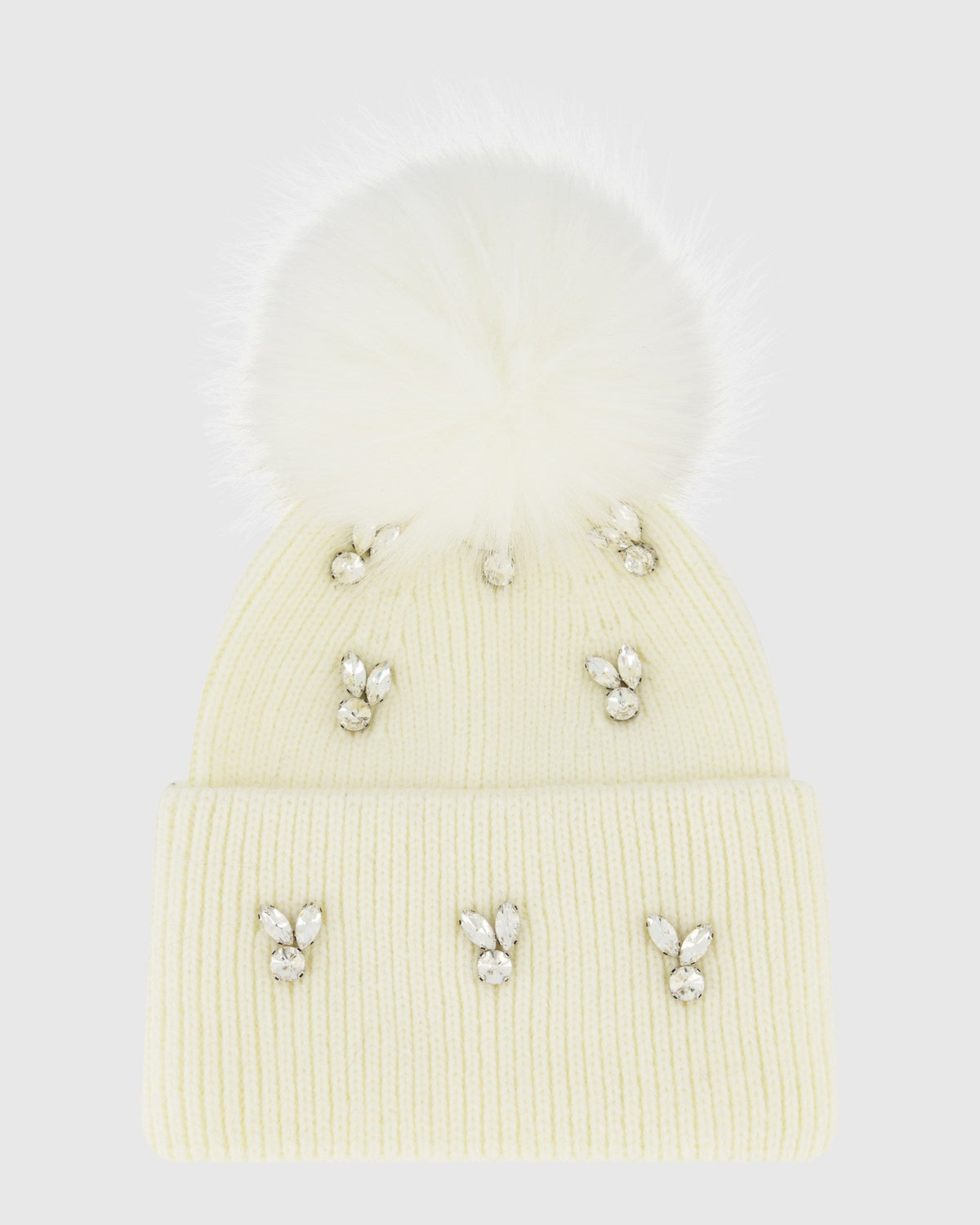 KNIT BEANIE HAT WITH FUR-FREE FOX (FAUX FUR) POMPOM - WHITE/WHITE