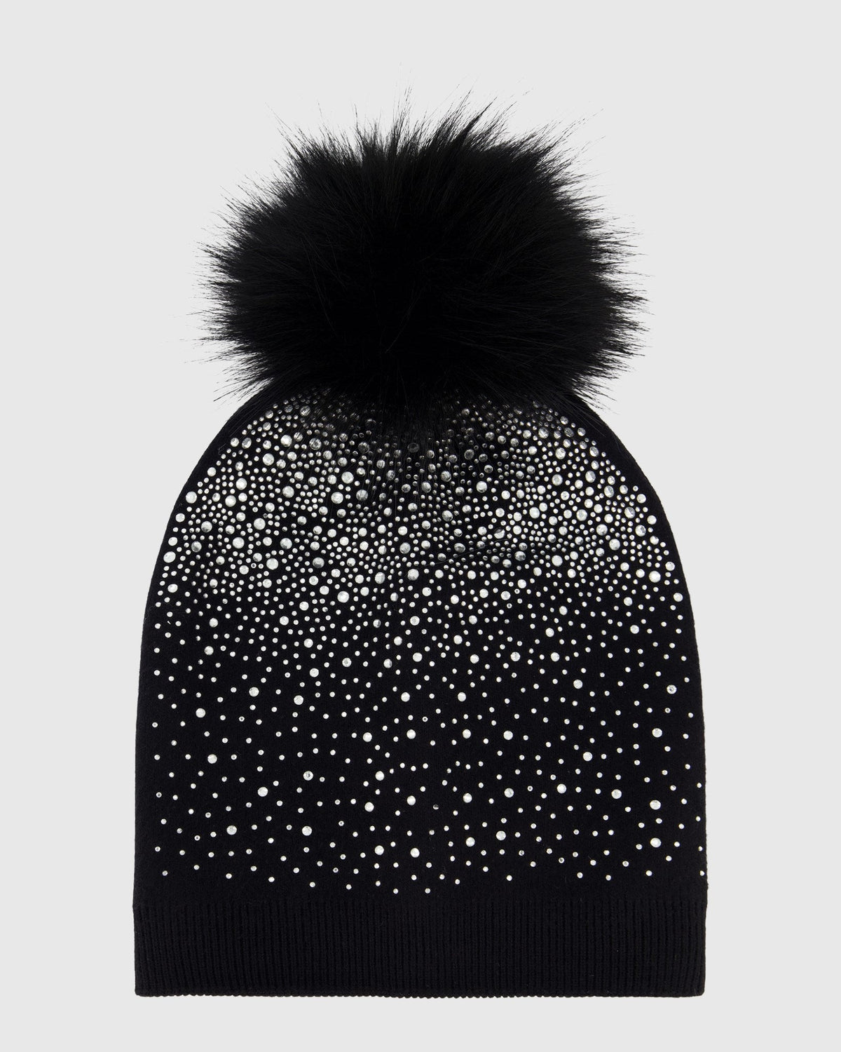 KNIT BEANIE HAT WITH FUR-FREE FOX (FAUX FUR) POMPOM - BLACK/BLACK