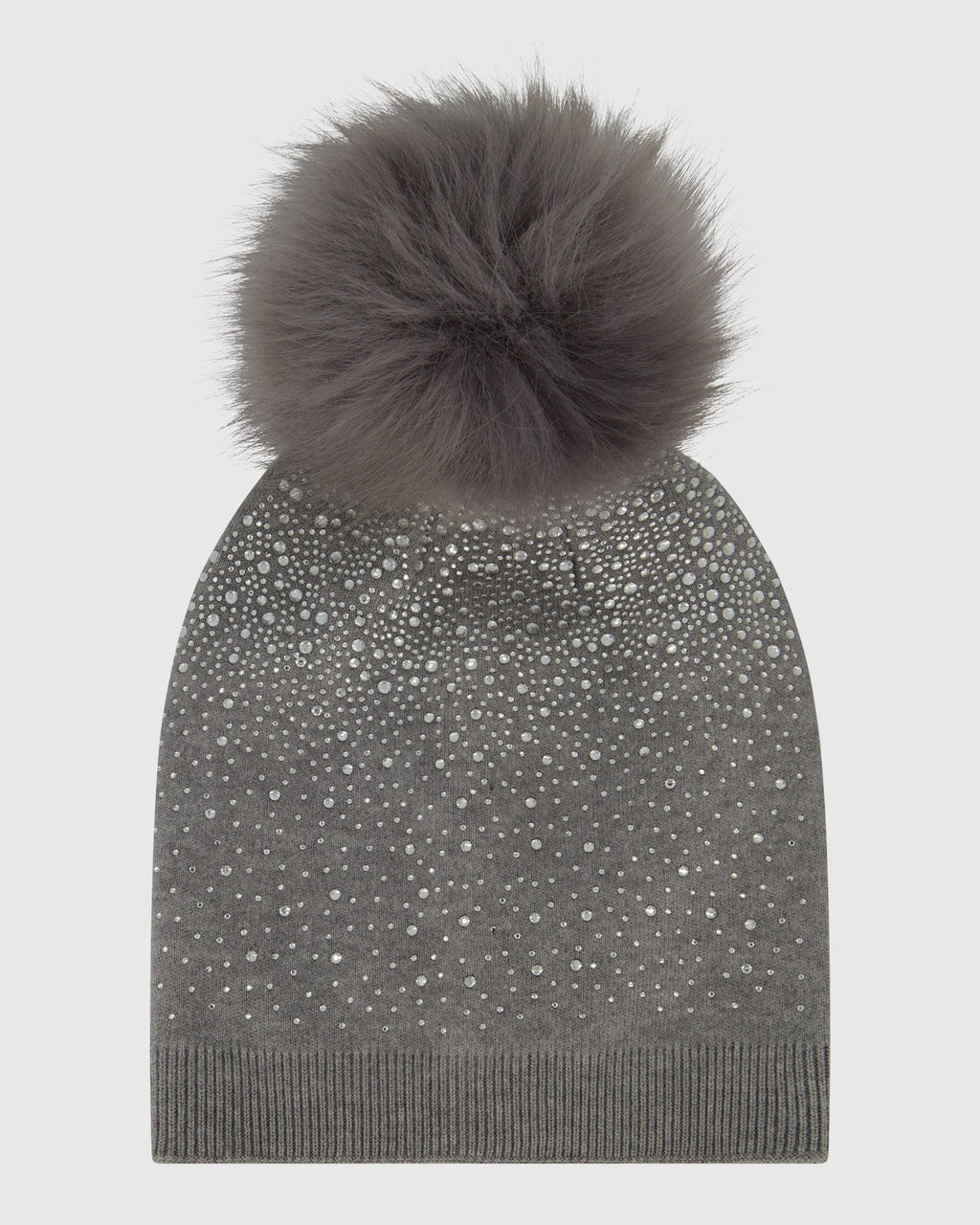 KNIT BEANIE HAT WITH FUR-FREE FOX (FAUX FUR) POMPOM - GRAY/GRAY