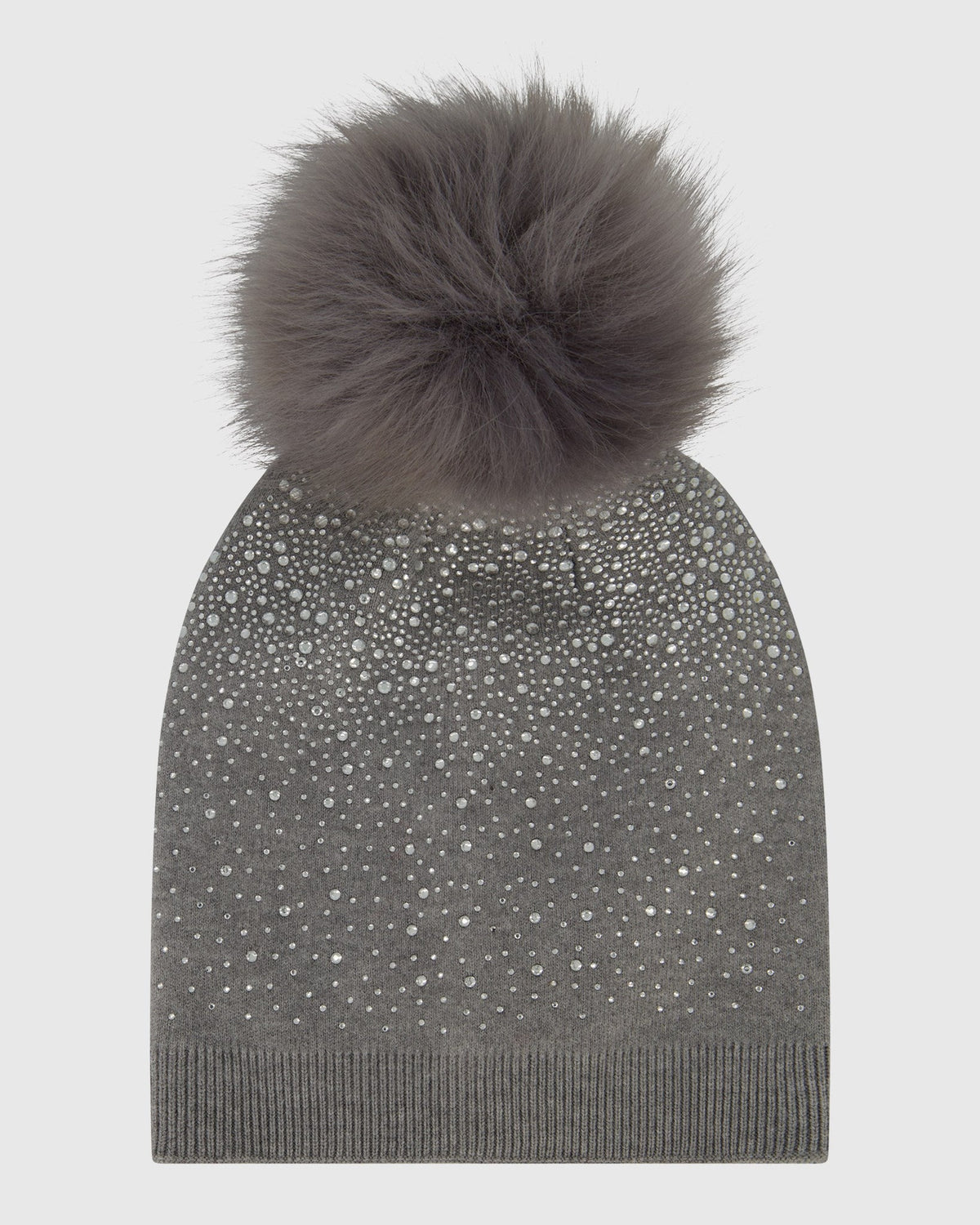 KNIT BEANIE HAT WITH FUR-FREE FOX (FAUX FUR) POMPOM - GRAY/GRAY