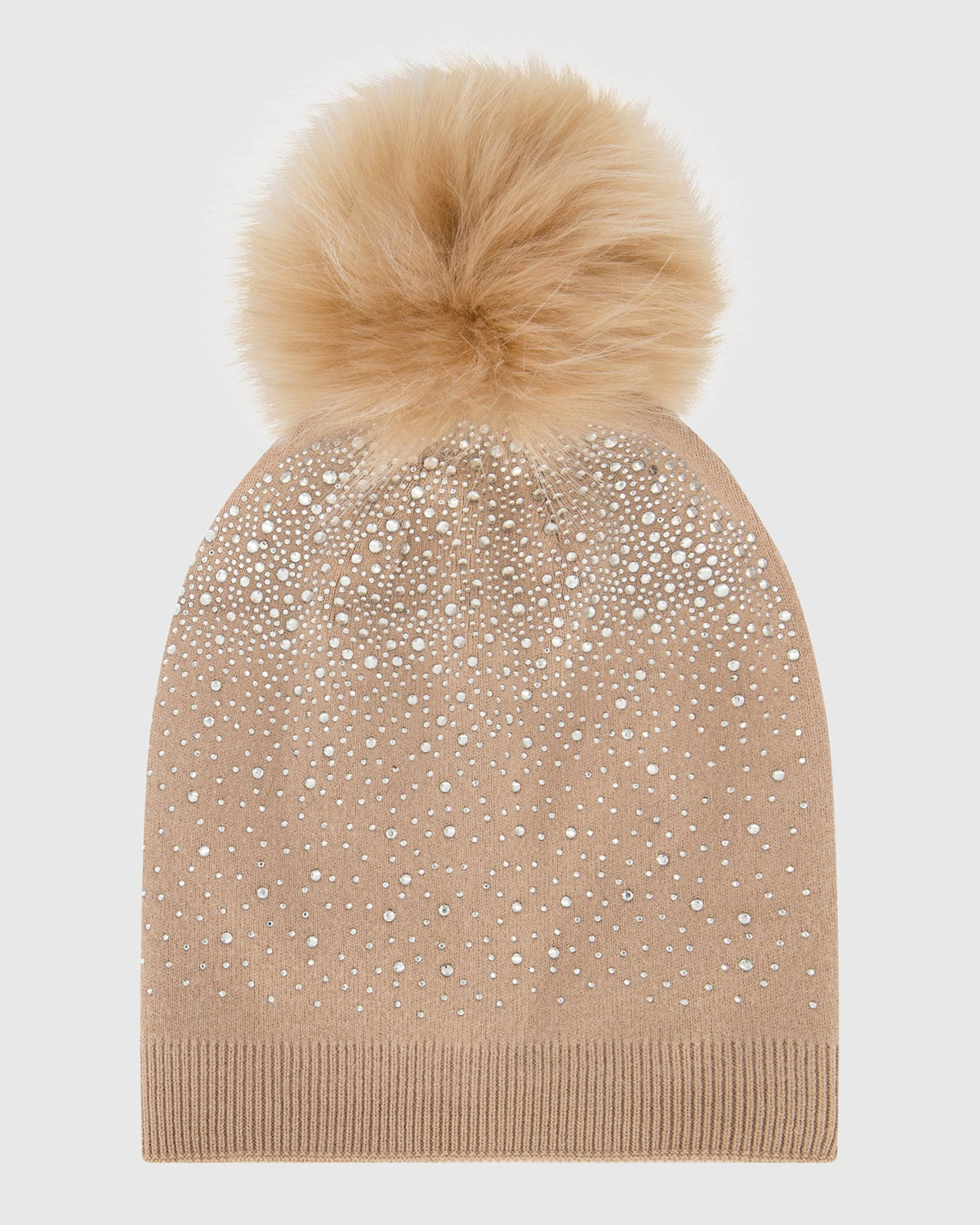 KNIT BEANIE HAT WITH FUR-FREE FOX (FAUX FUR) POMPOM - BEIGE/BEIGE