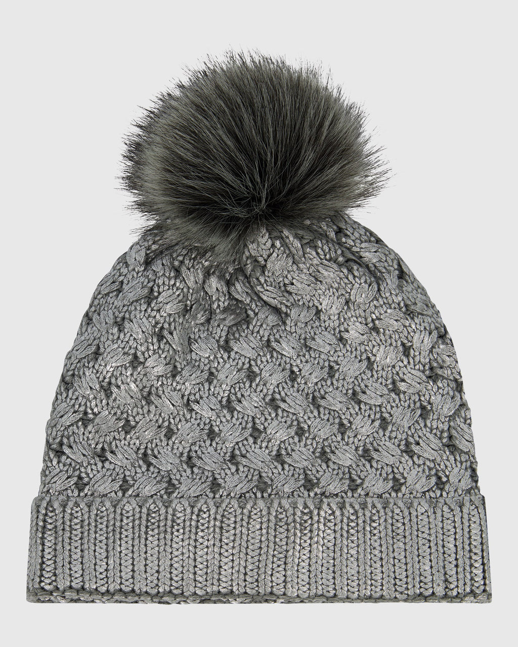KNIT BEANIE HAT WITH FUR-FREE FOX (FAUX FUR) POMPOM