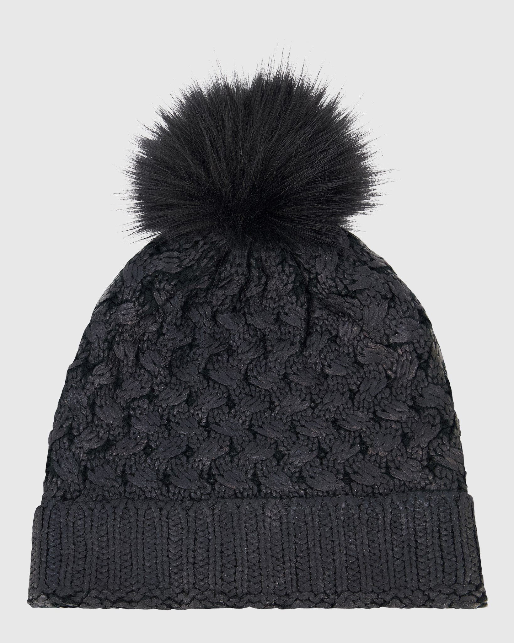 KNIT BEANIE HAT WITH FUR-FREE FOX (FAUX FUR) POMPOM