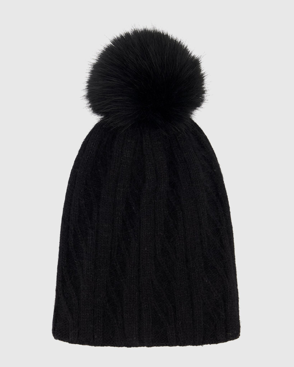 KNIT BEANIE HAT WITH FUR-FREE FOX (FAUX FUR) POMPOM - BLACK/BLACK